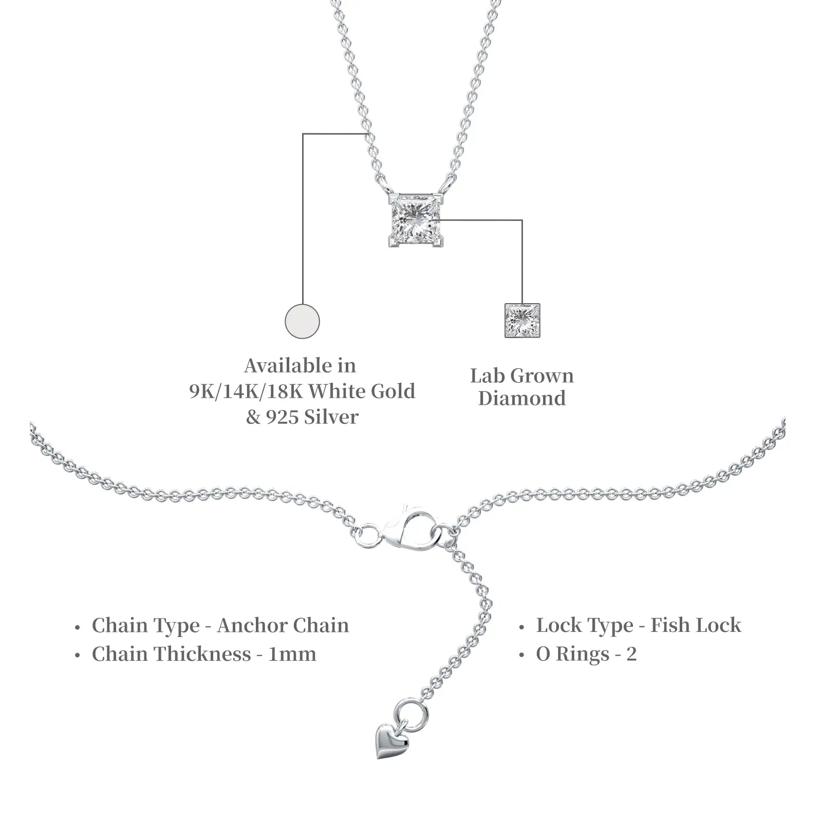 Descriptive image of white gold classic princess cut solitaire necklace 