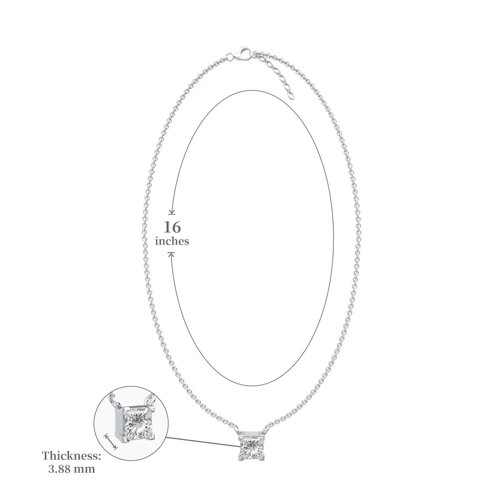 Dimension details of white gold classic princess cut solitaire necklace 