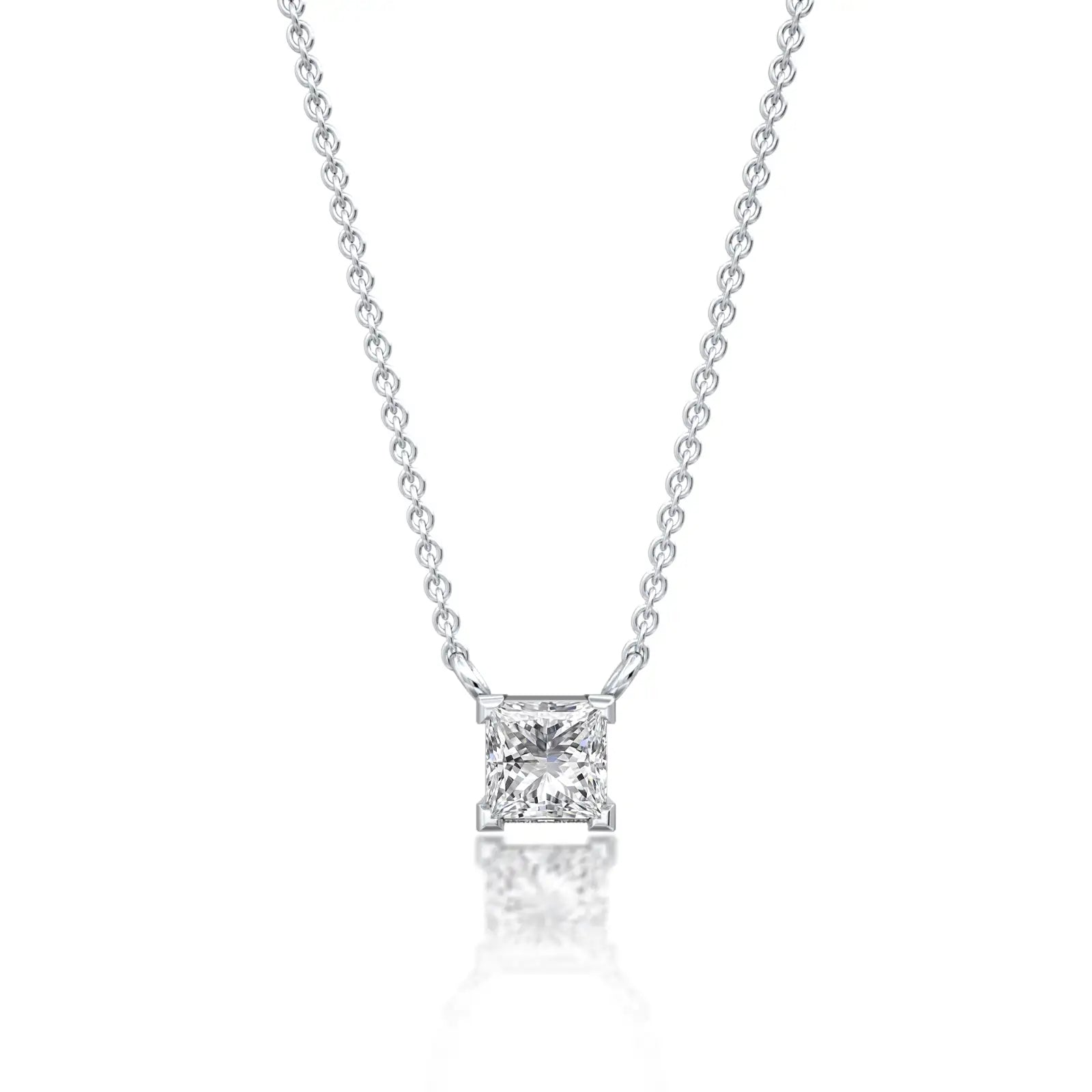 Unique white gold classic princess cut solitaire necklace 