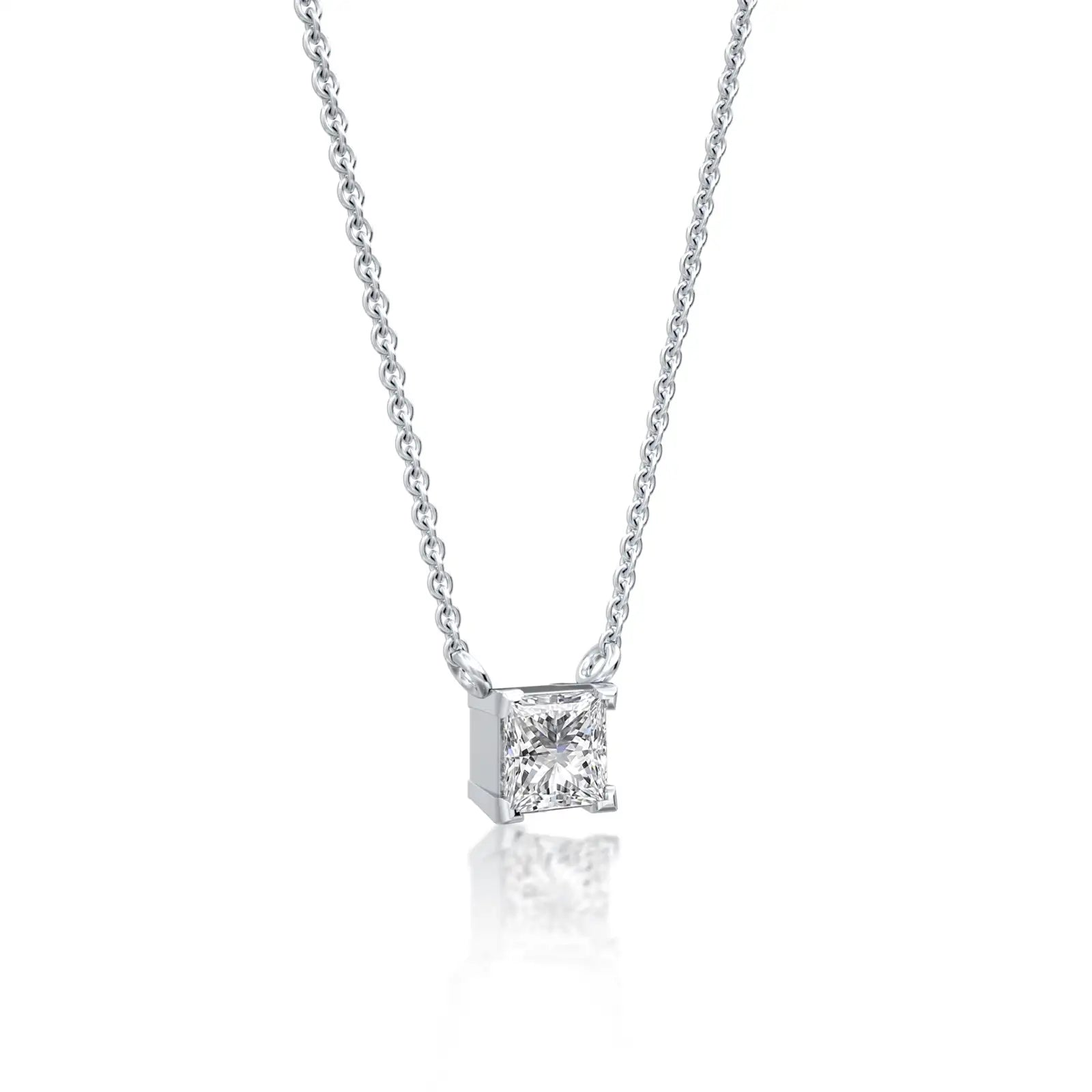 White gold classic princess cut solitaire necklace 