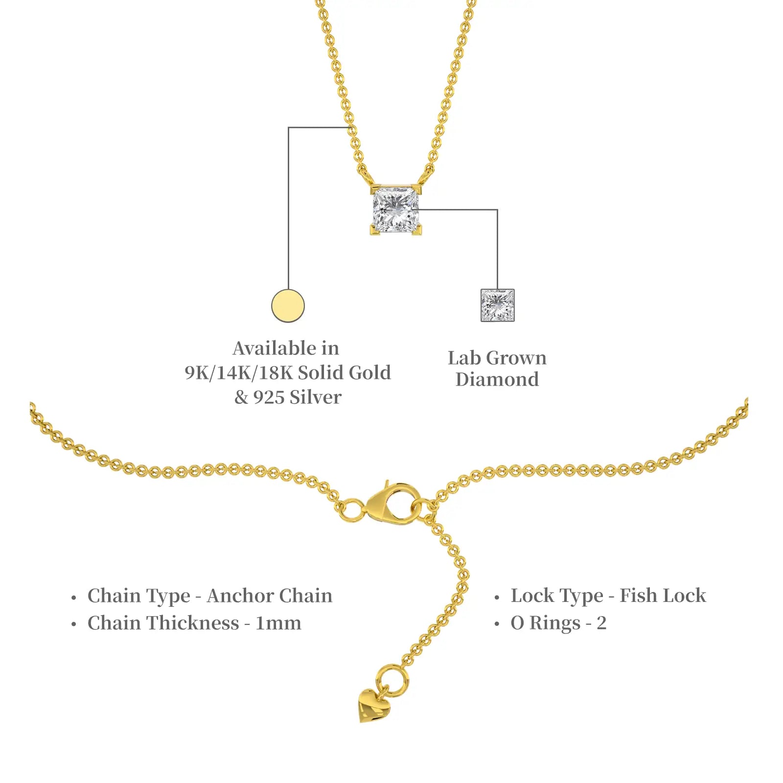 Descriptive image of classic princess cut solitaire necklace 