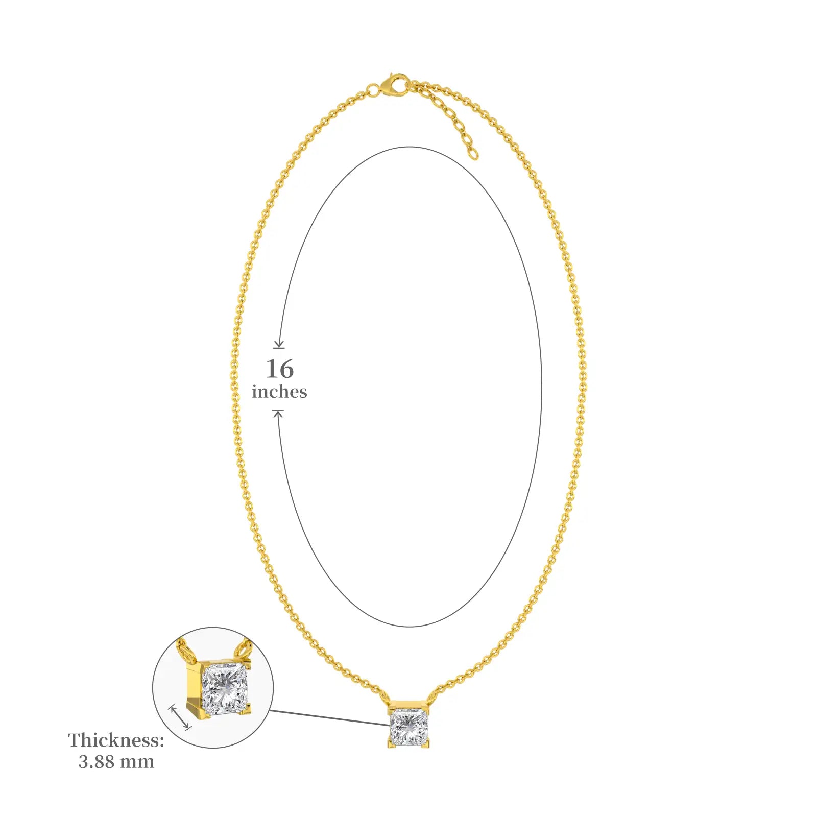 Dimension details of classic princess cut solitaire necklace 