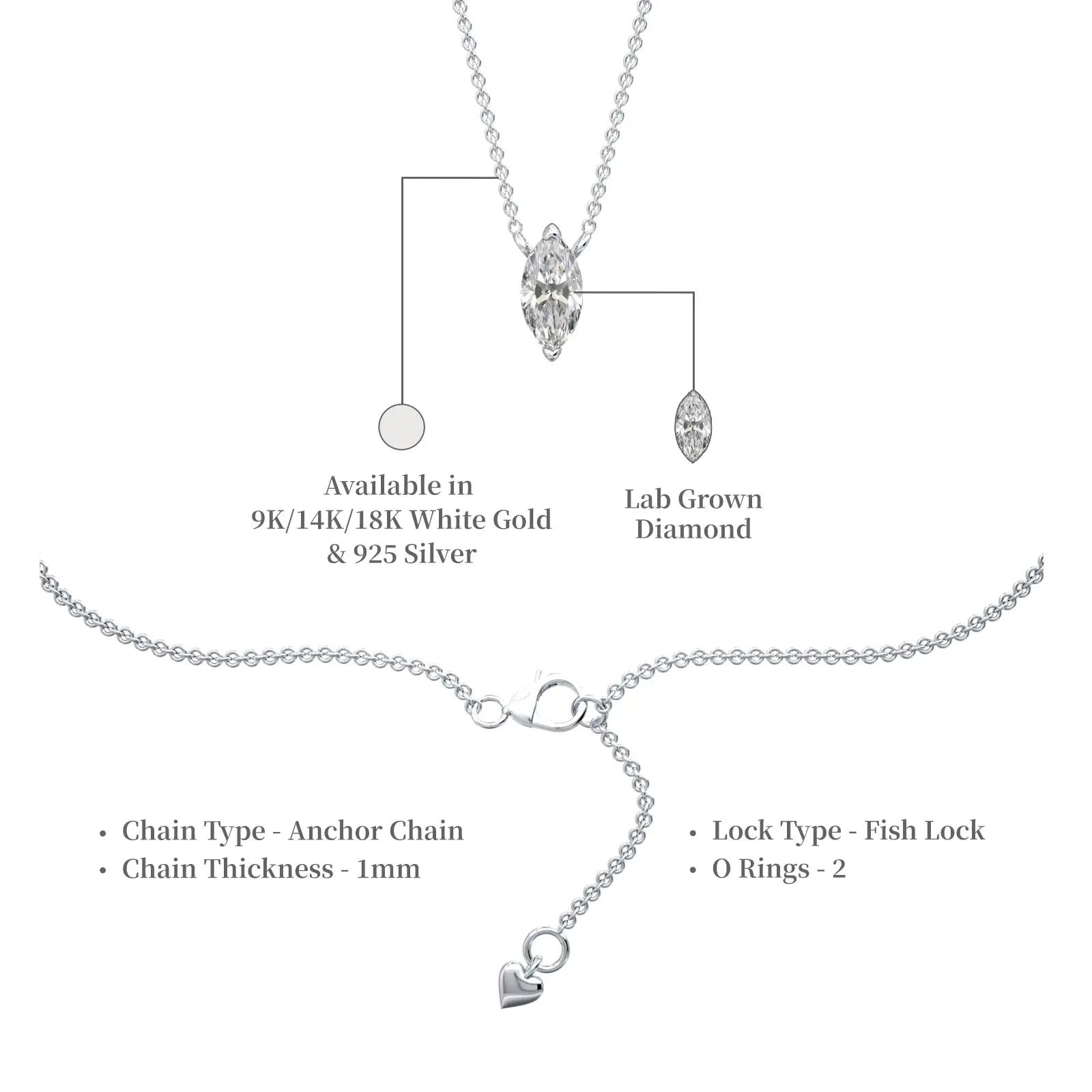 Descriptive detail of classic marquise cut diamond solitaire necklace 