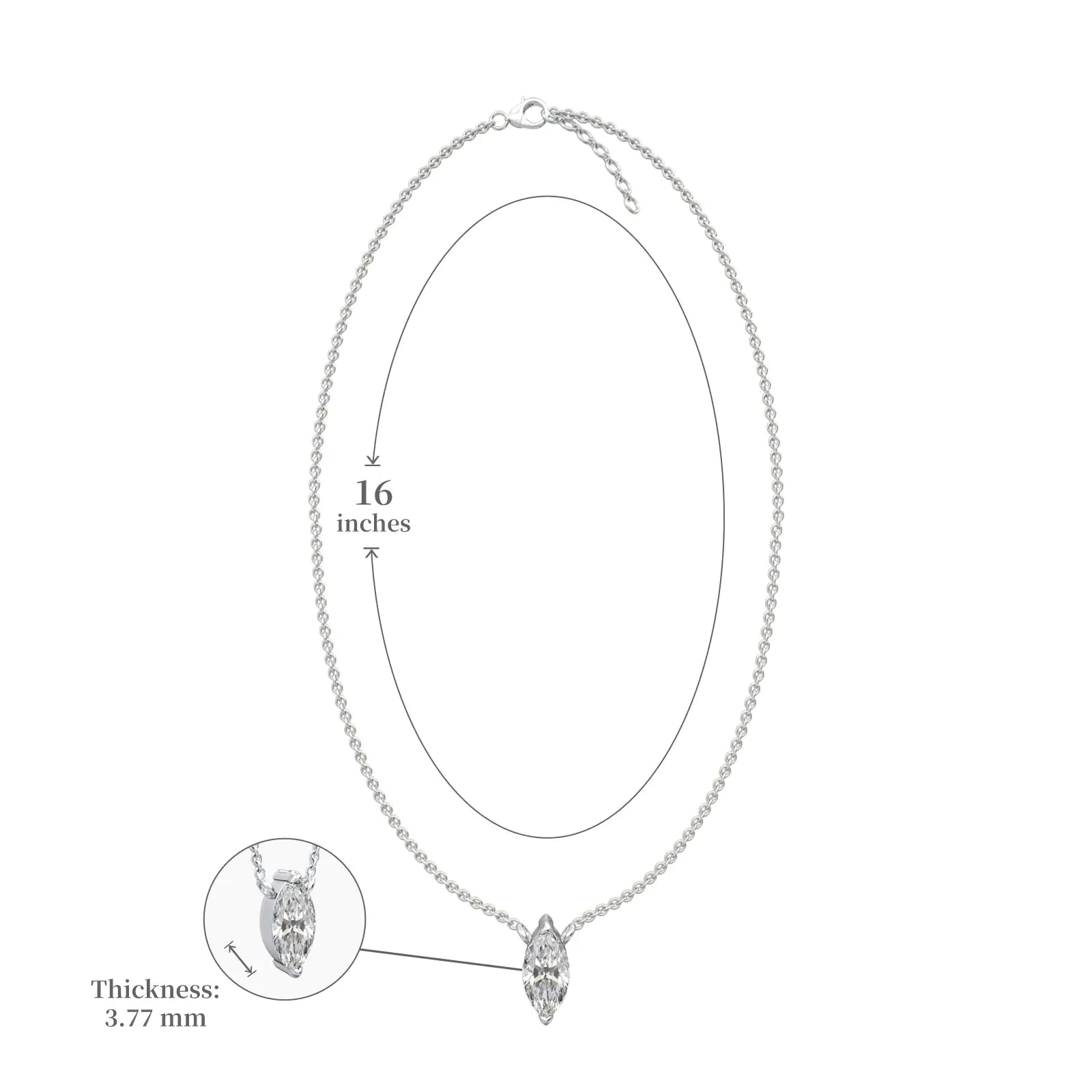 Dimension detail of classic marquise cut diamond solitaire necklace 