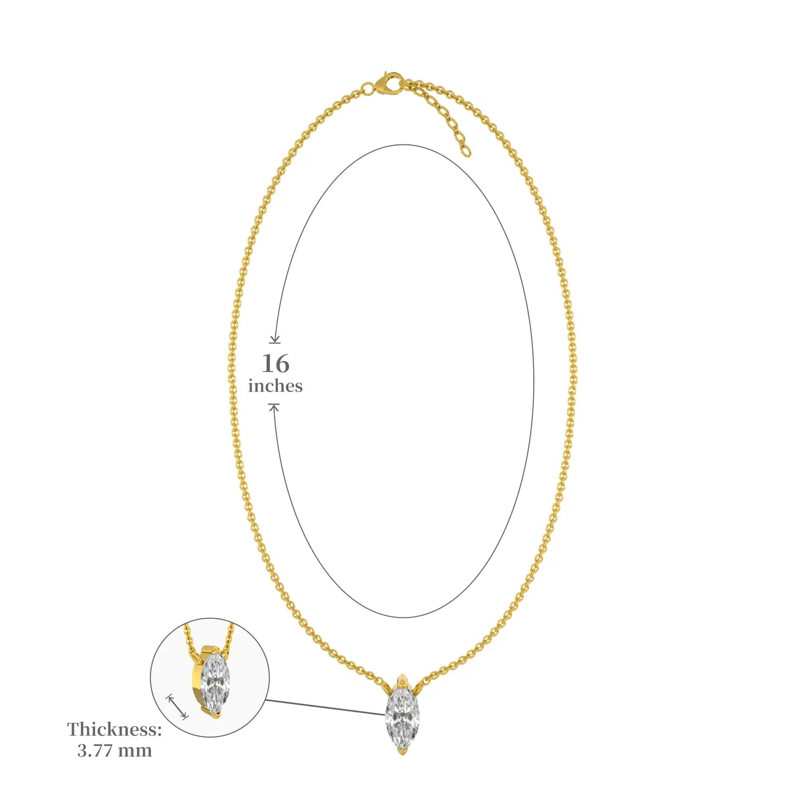 Dimension details of classic marquise cut diamond solitaire necklace 