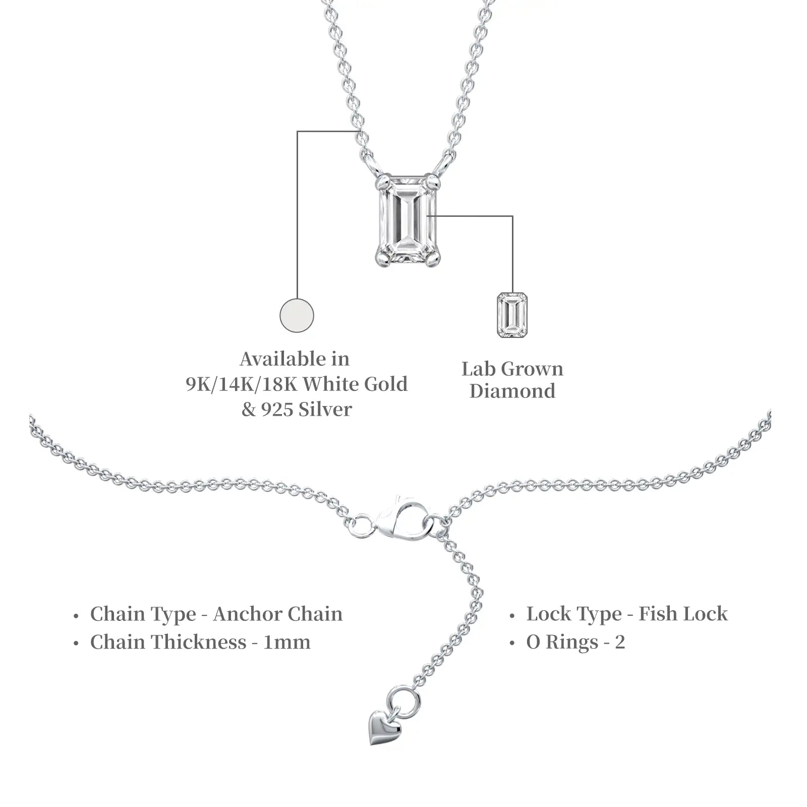 Descriptive details of white gold classic emerald cut solitaire necklace