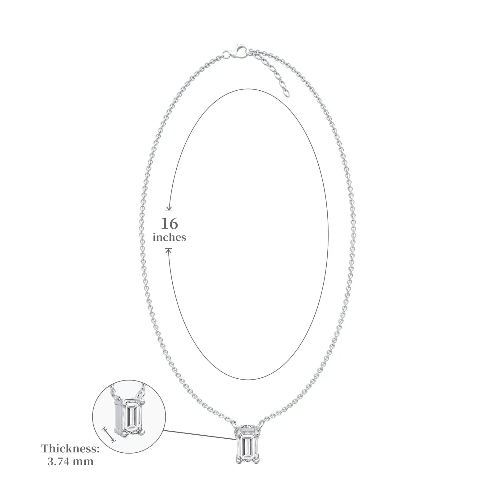 Dimension details of white gold classic emerald cut solitaire necklace
