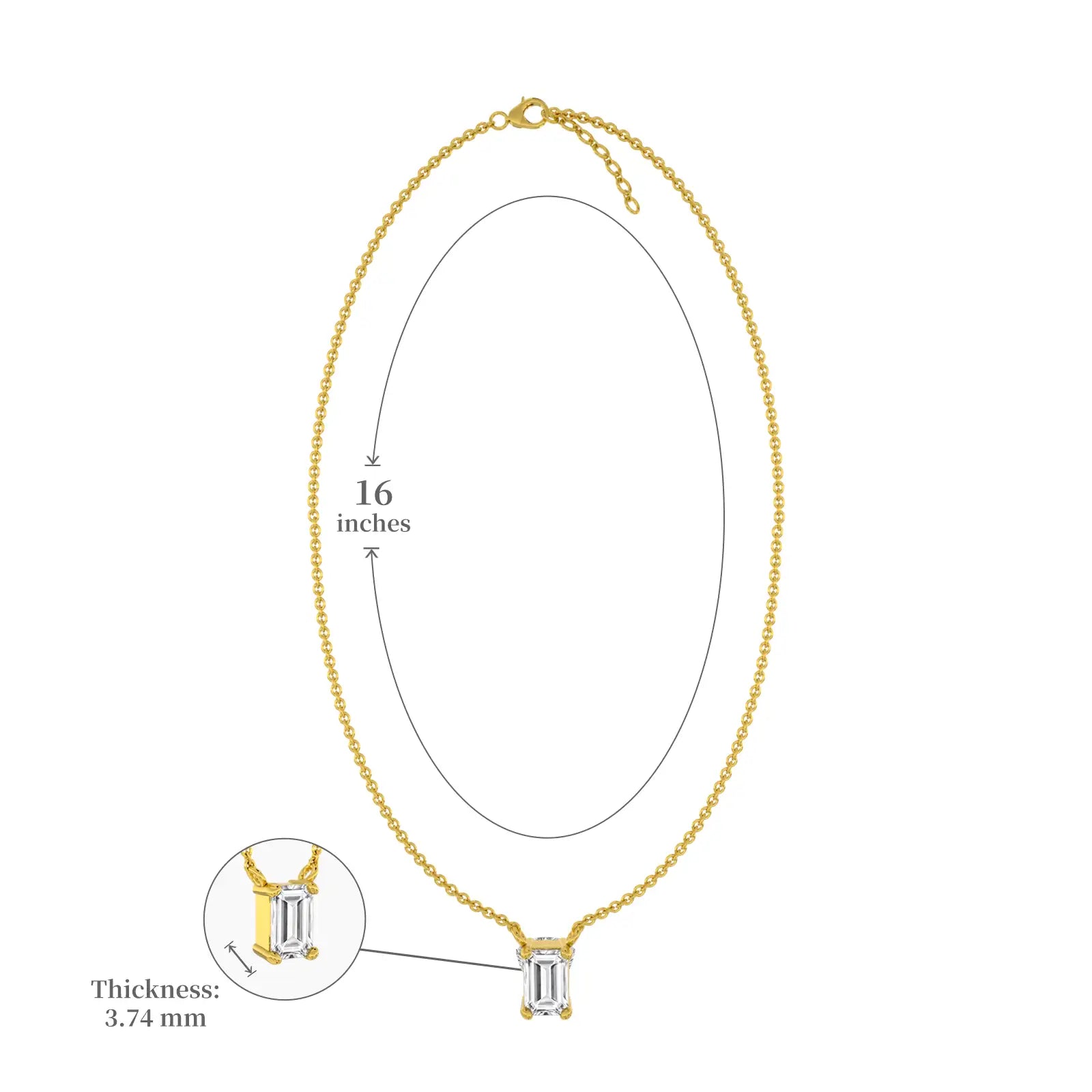 Dimension details of unique trendy classic emerald cut solitaire necklace