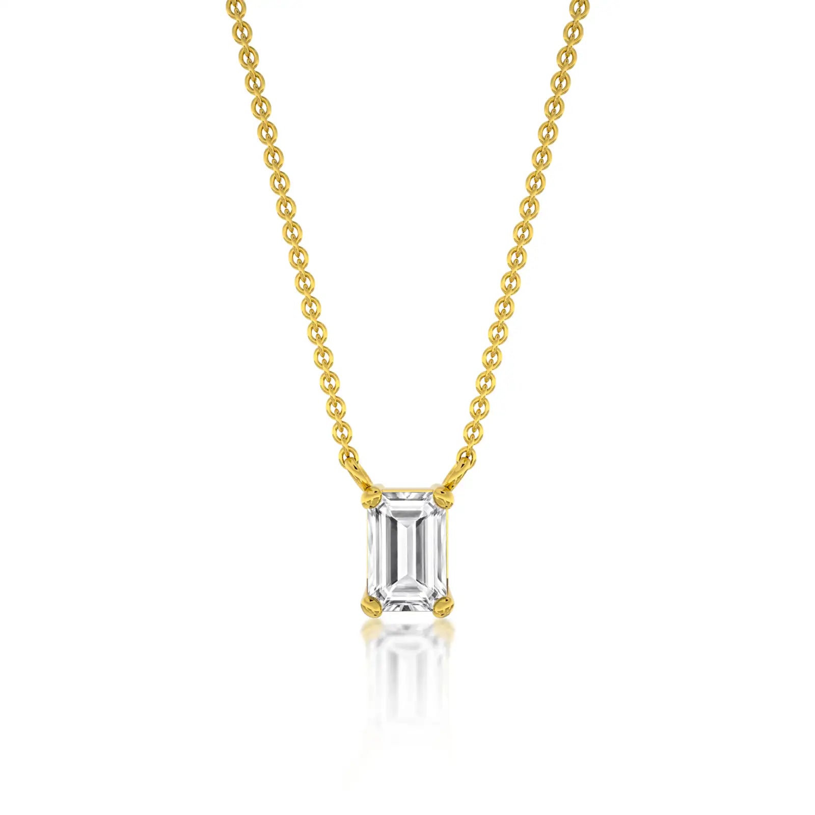 Fortune model wearing classic emerald cut solitaire necklace