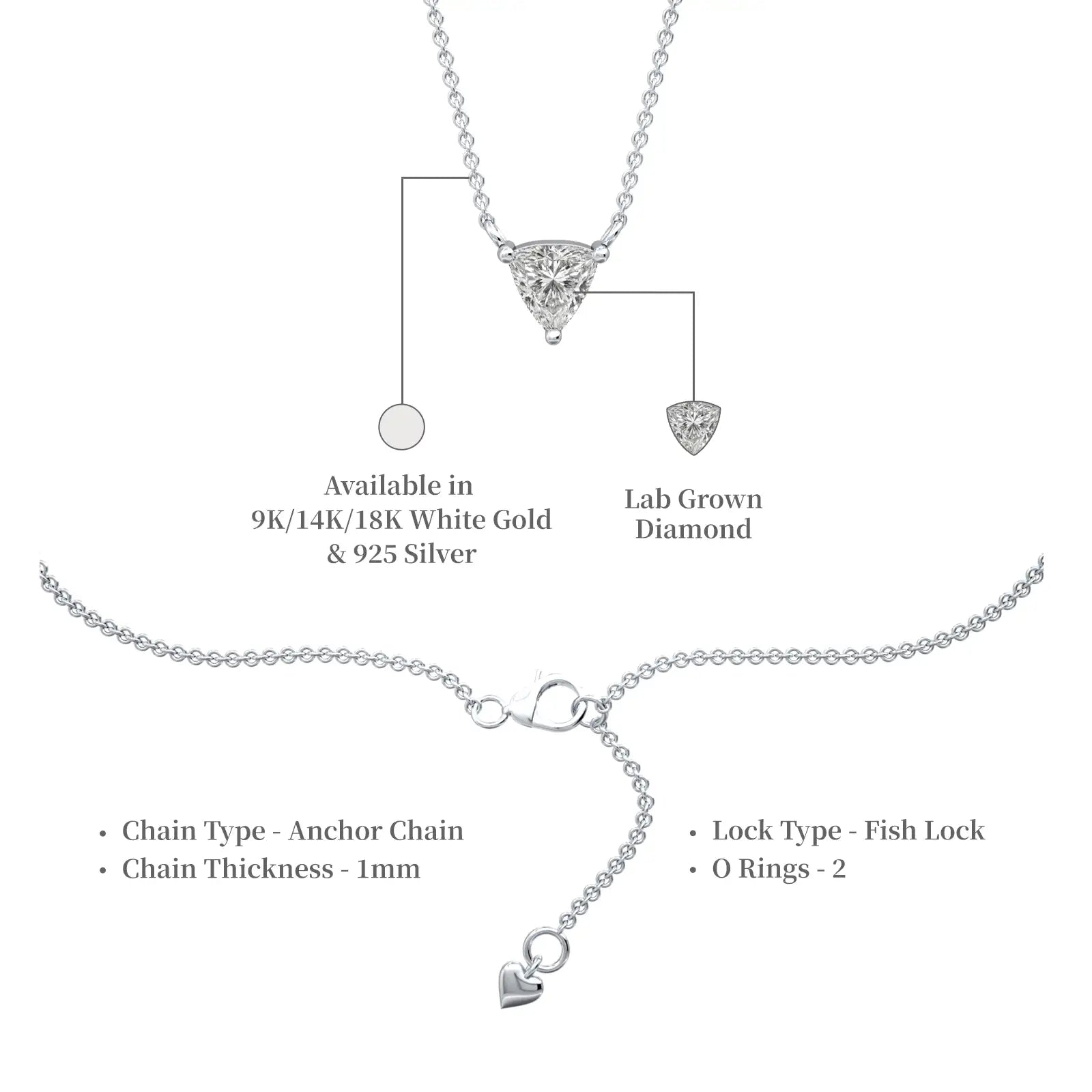 Descriptive image of white gold dimension details of classic trillion cut diamond necklace 