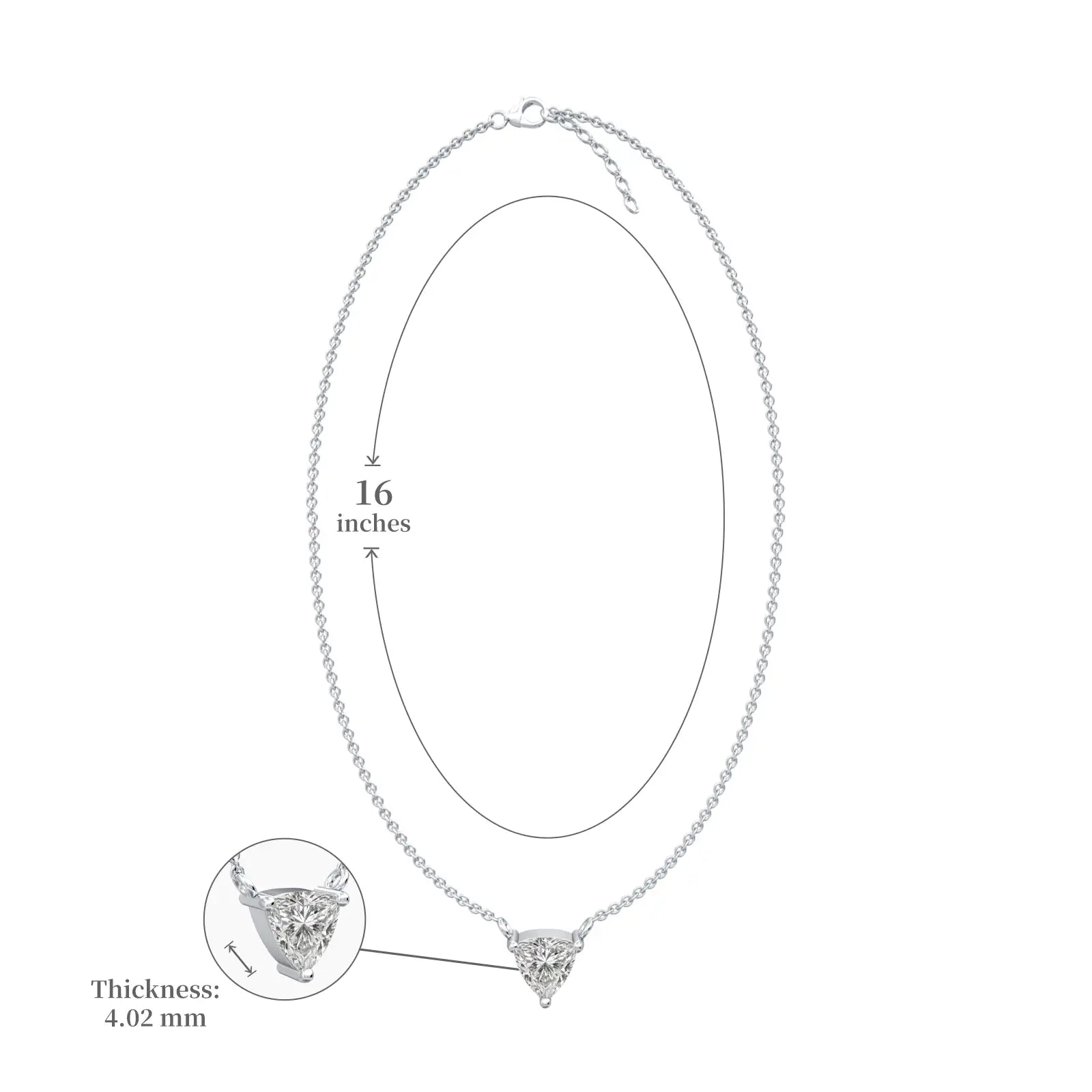 White gold dimension details of classic trillion cut diamond necklace 