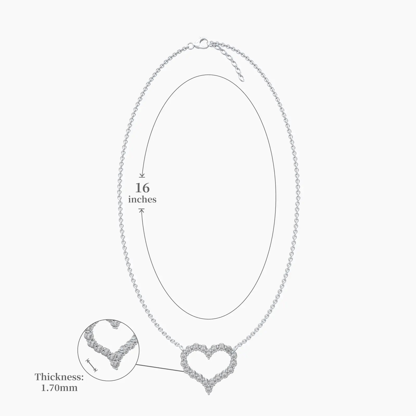 Dimension detail of open heart diamond necklace perfect gift for your loved ones