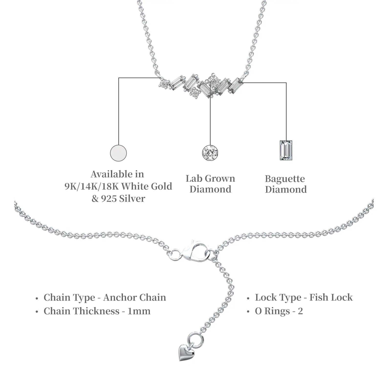 Descriptive image of elegant baguette & round diamond scatter bar necklace