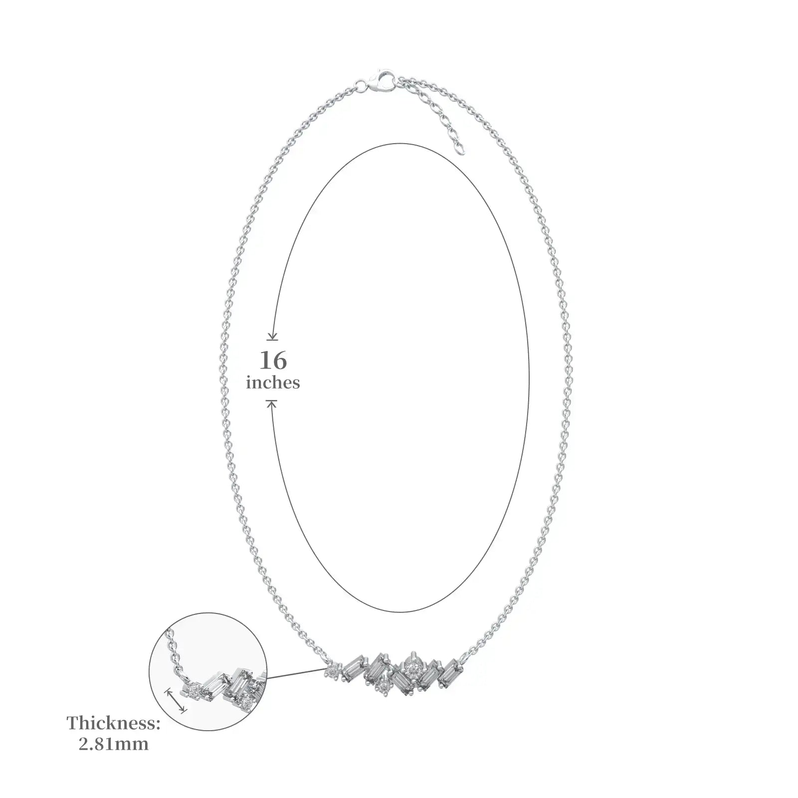 Dimenion details of elegant baguette & round diamond scatter bar necklace