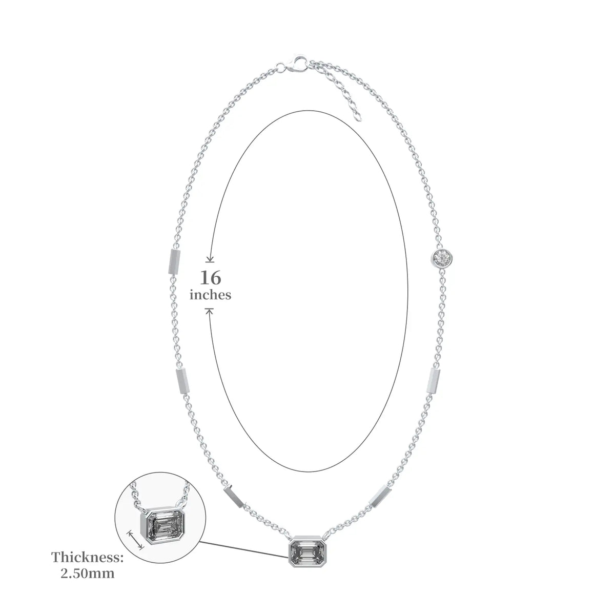 Dimension details of girlish emerald diamond station necklace 