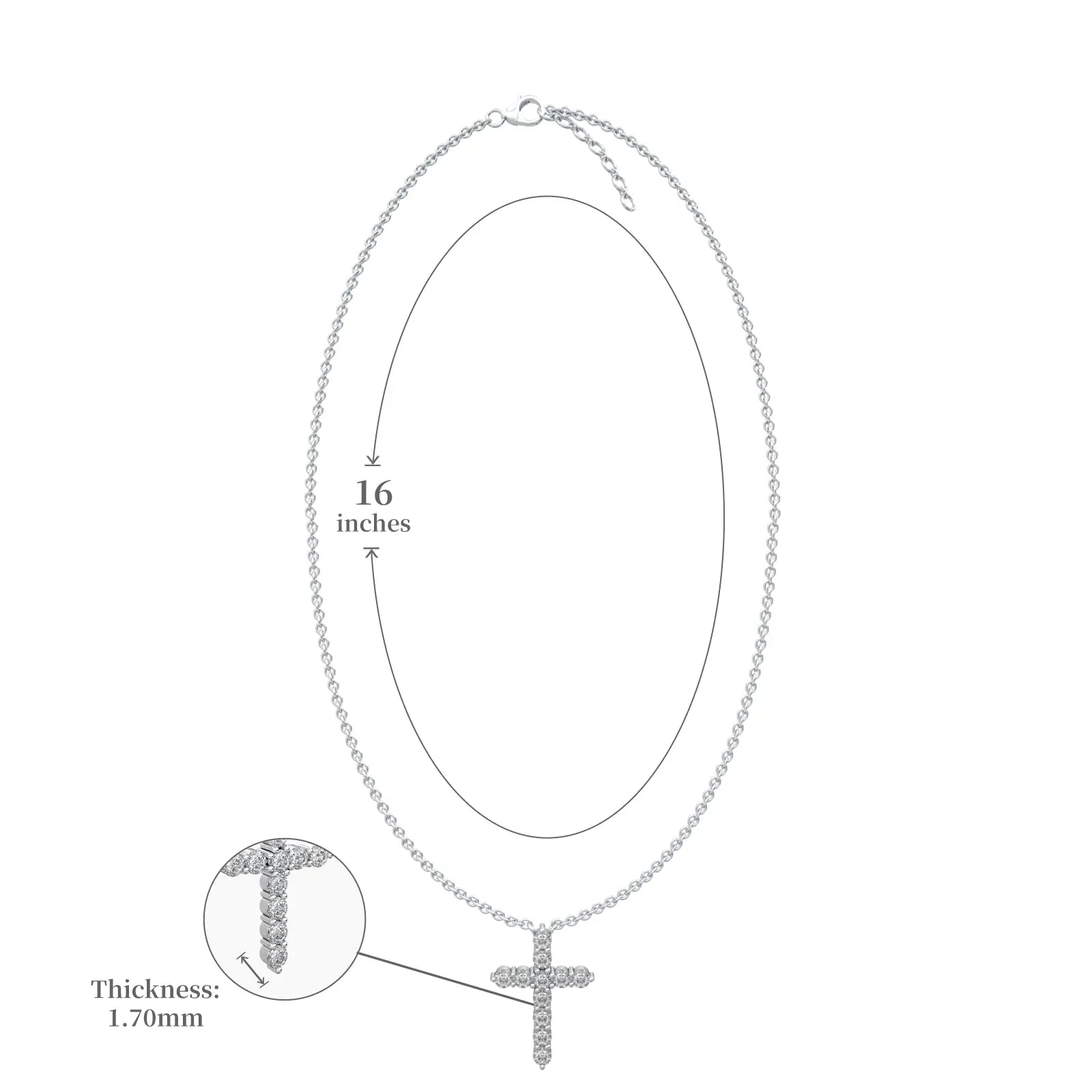 Dimension details of elegant pavé diamond cross necklace