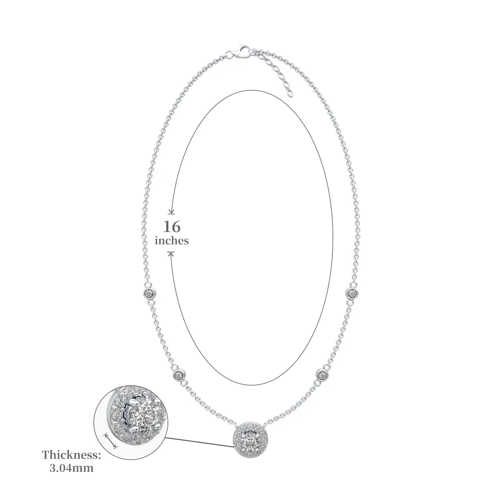 Dimension details of celestia round diamond halo and bezel station necklace valentine gift