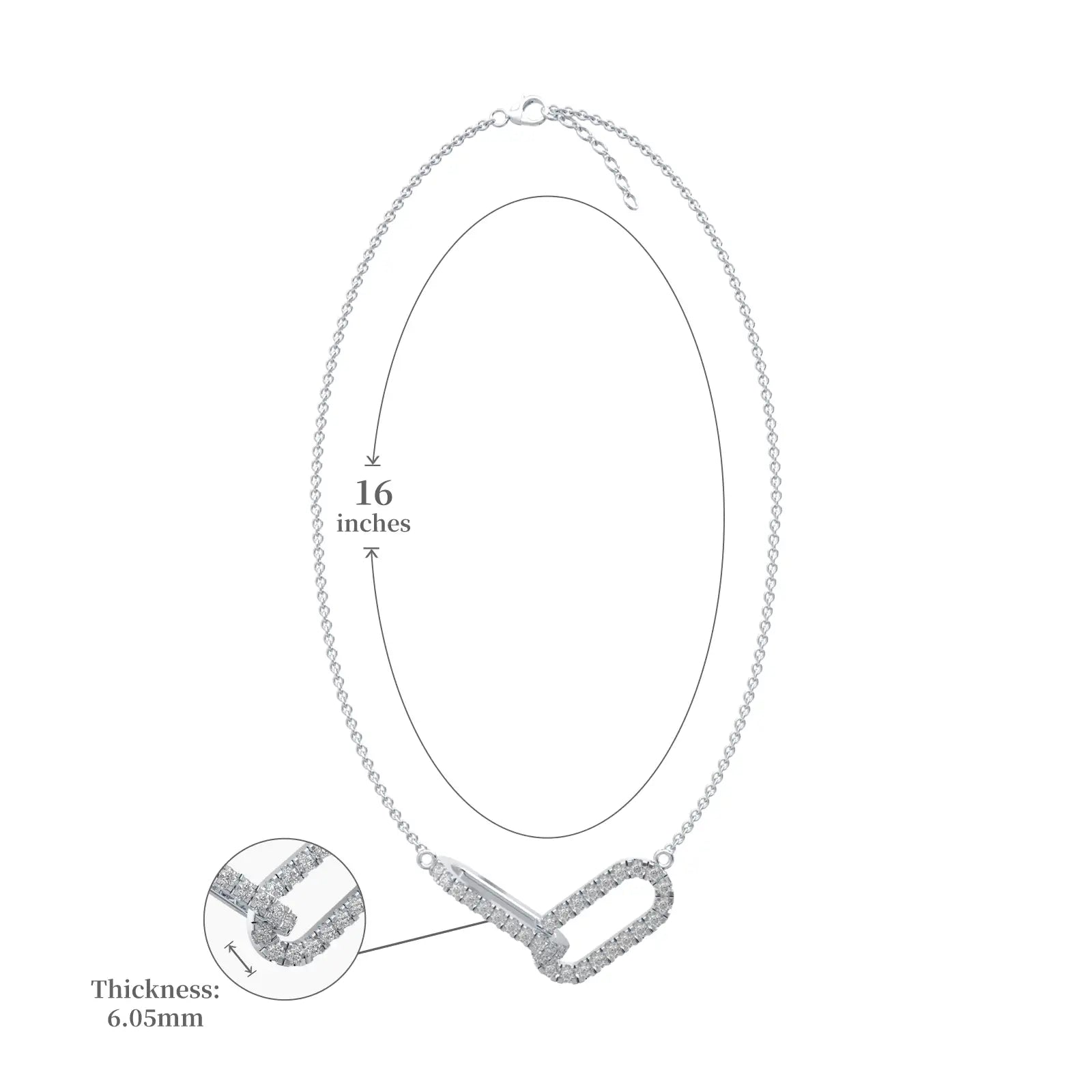Dimension detail of dainty paperclip diamond fortune necklaces 