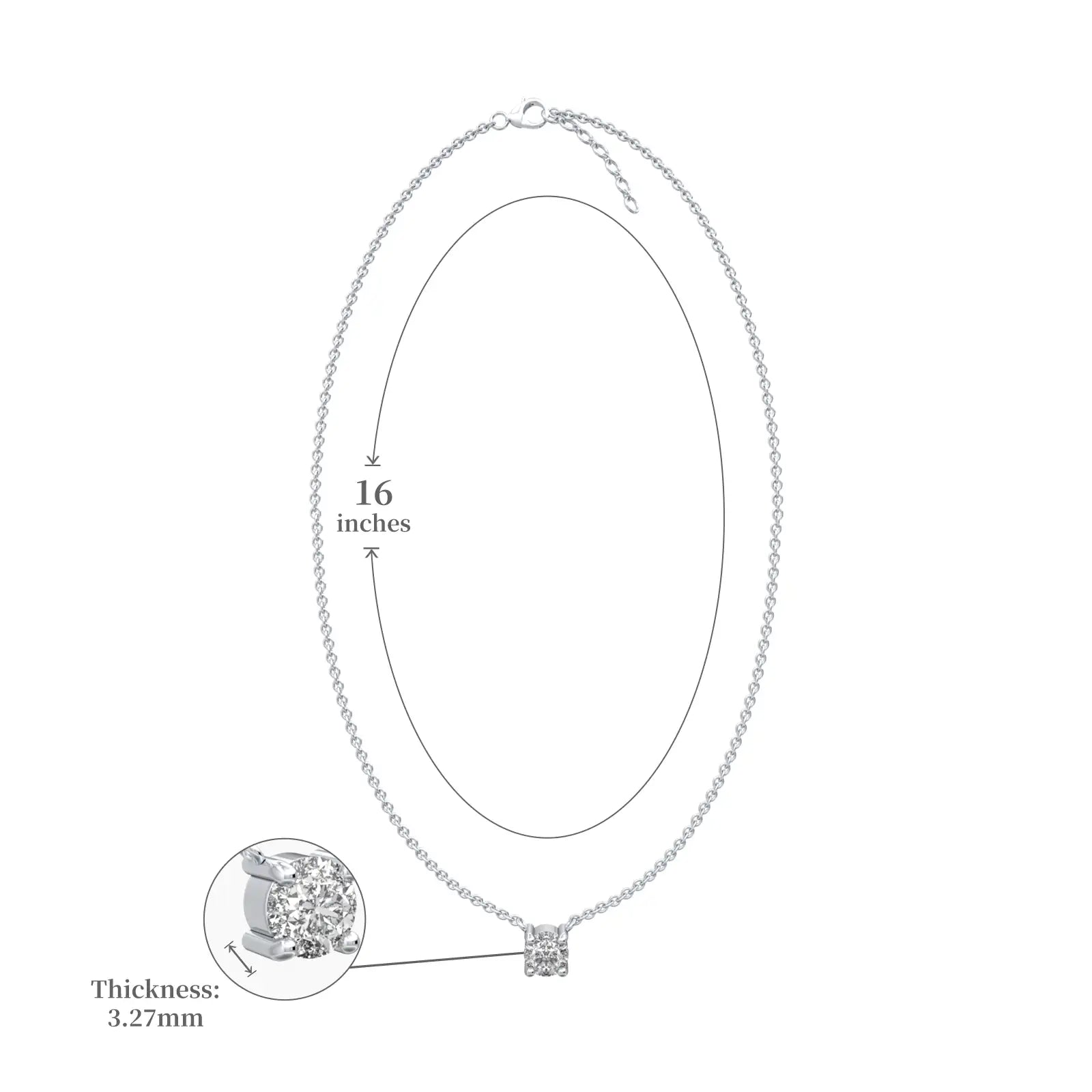 Dimension detail of 0.25 Ct four prong solitaire diamond necklace 
