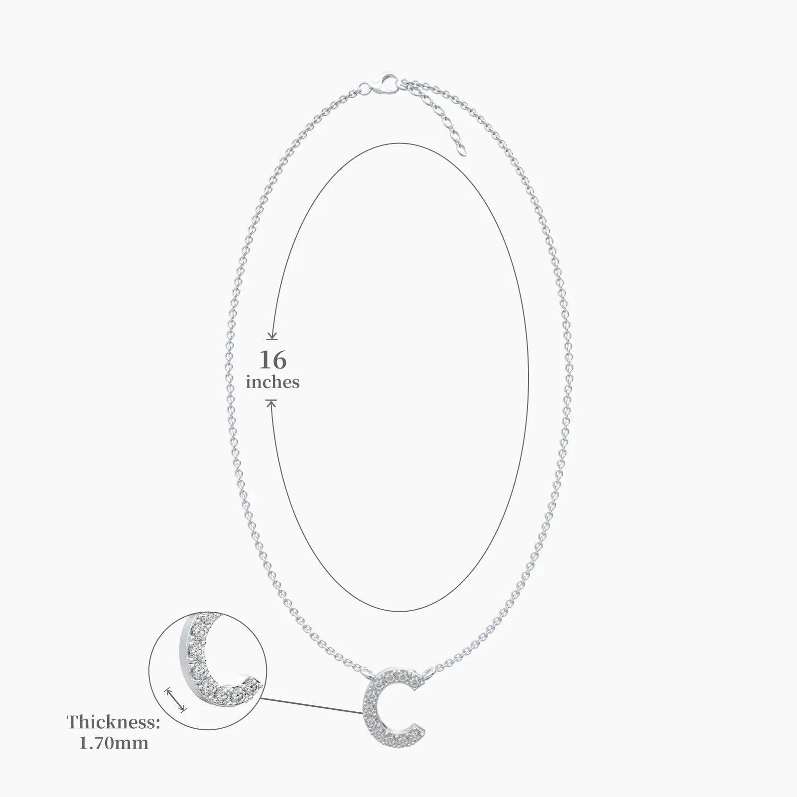 Dimension details of stylish initial c diamond pendant necklace