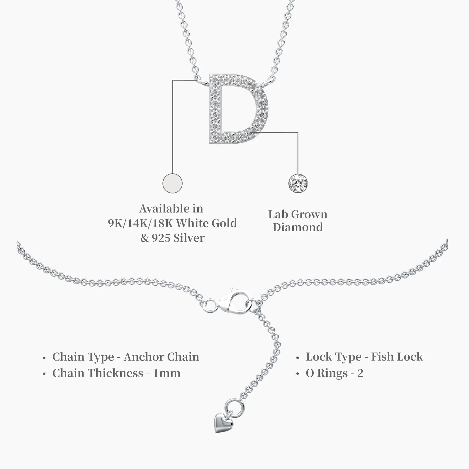 Descriptive details of trendy dainty d initial diamond necklace 
