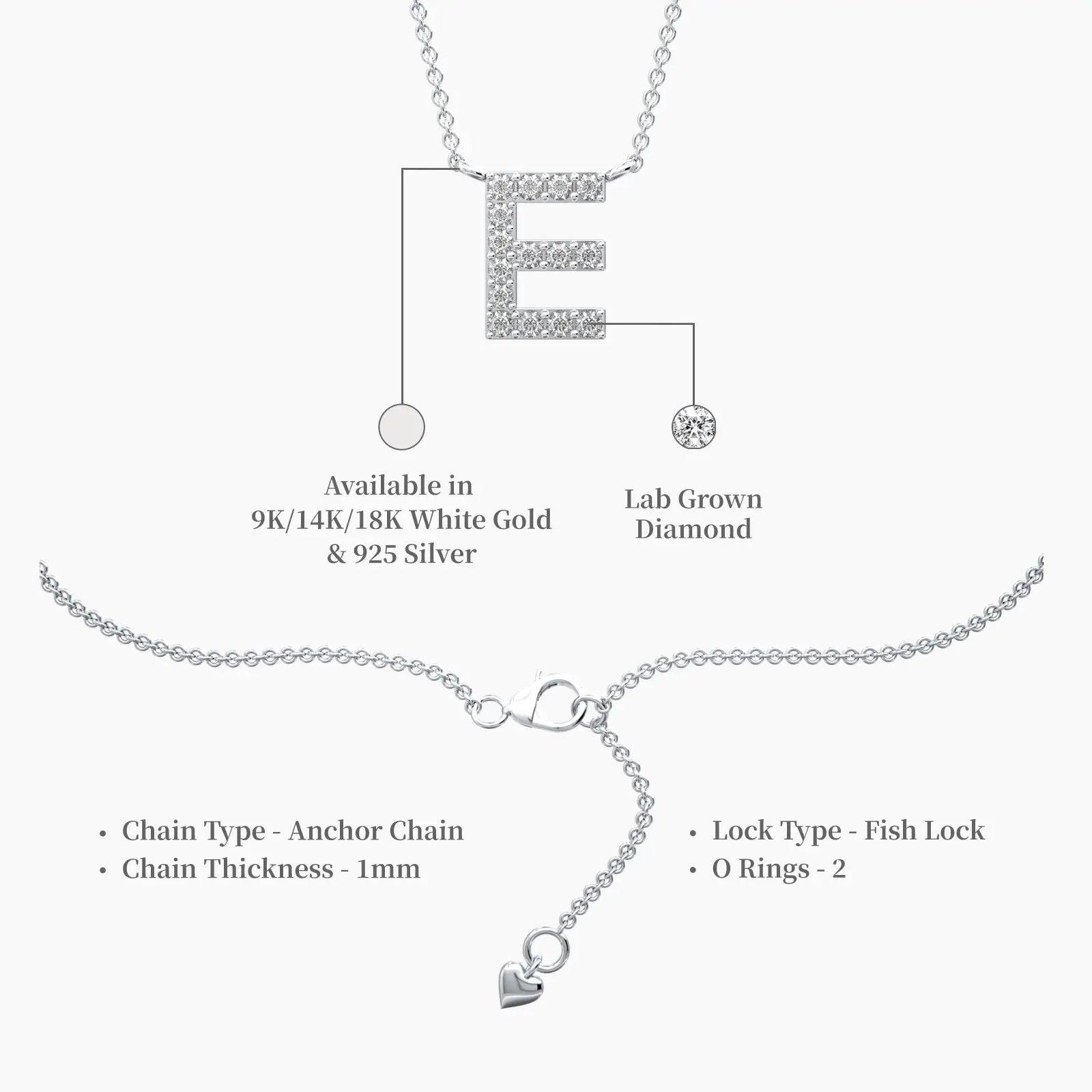 Descriptive image of e diamond initial pendant necklace