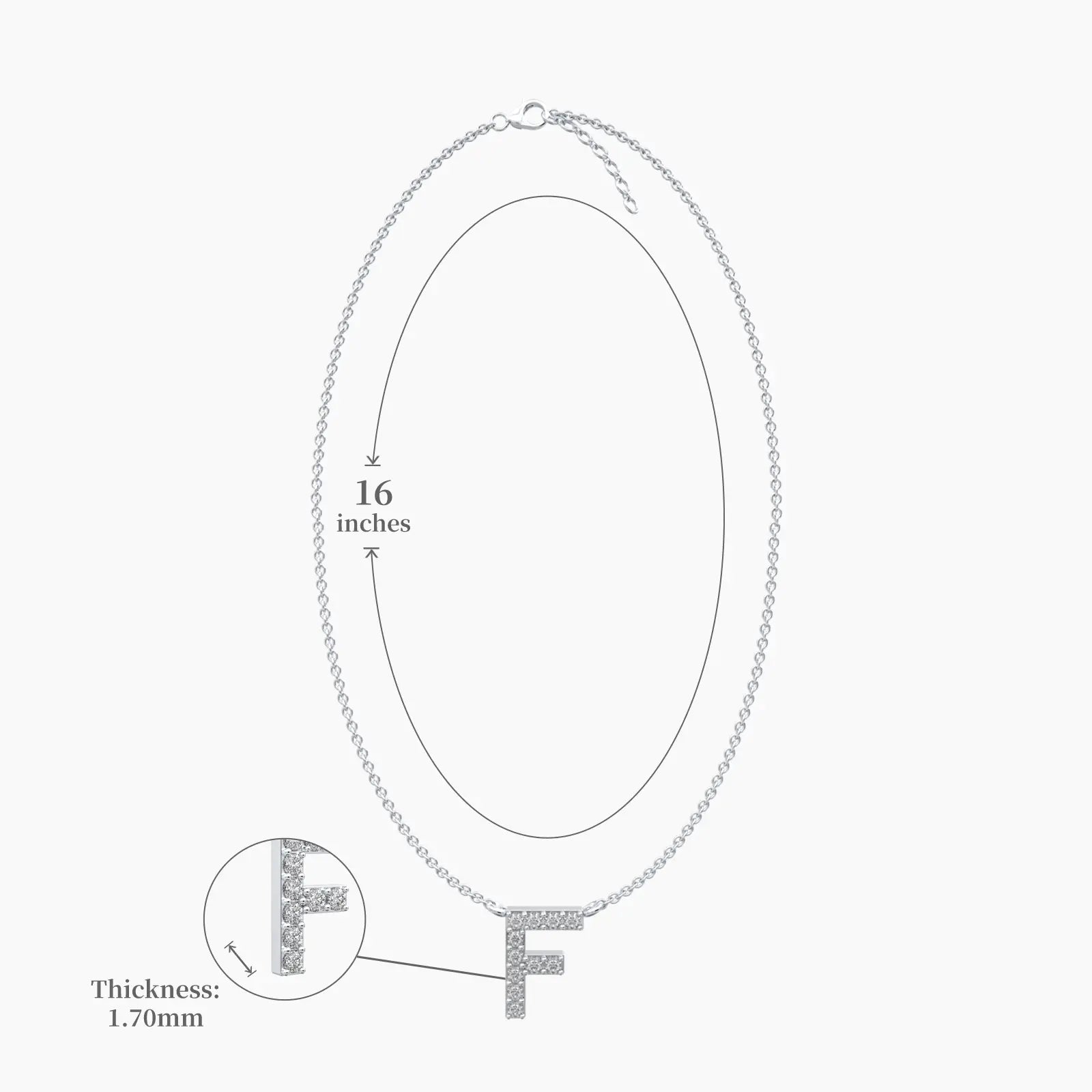 Dimension details of stylish signature f diamond pendant necklace 