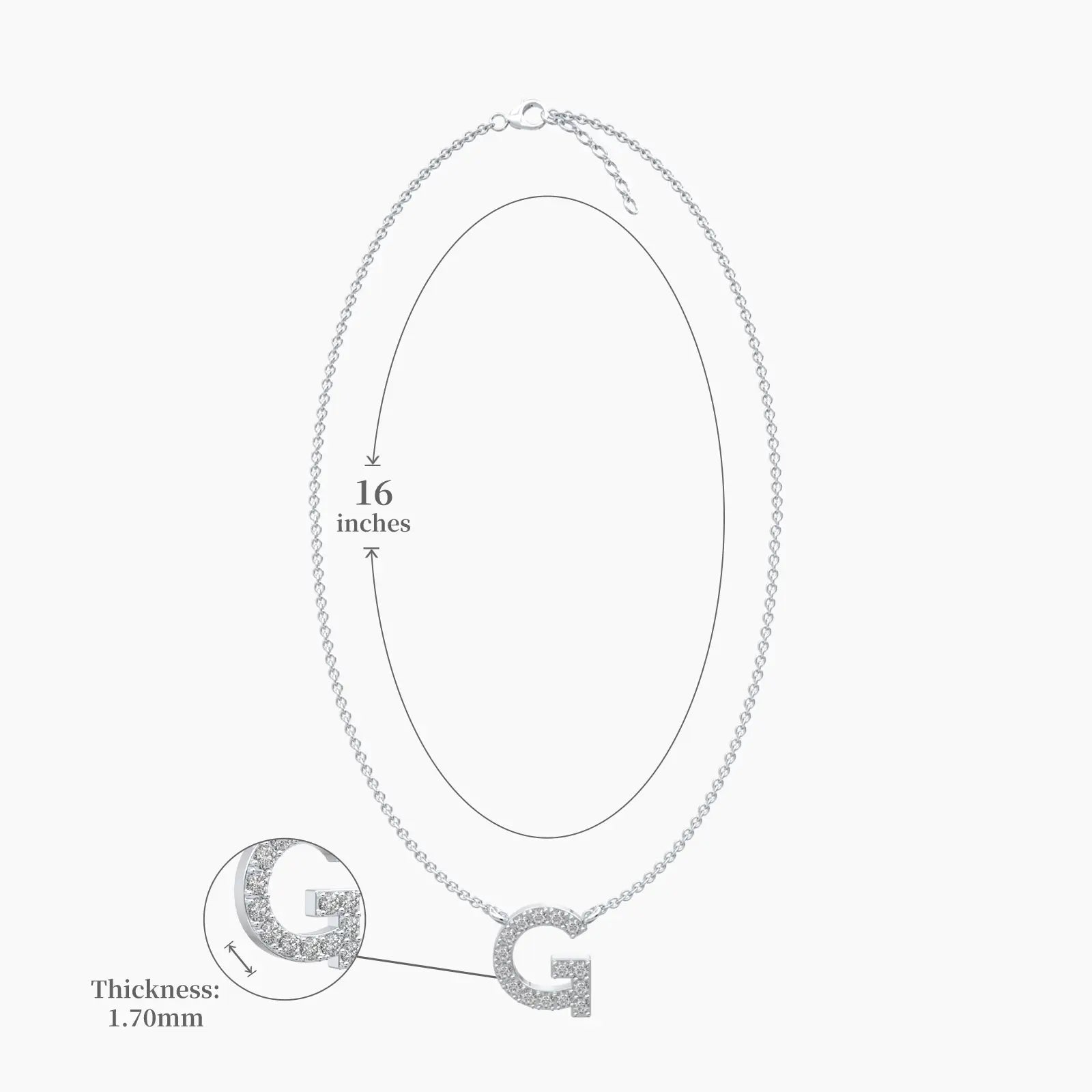 Dimension details of unique g alphabet diamond pendant necklace