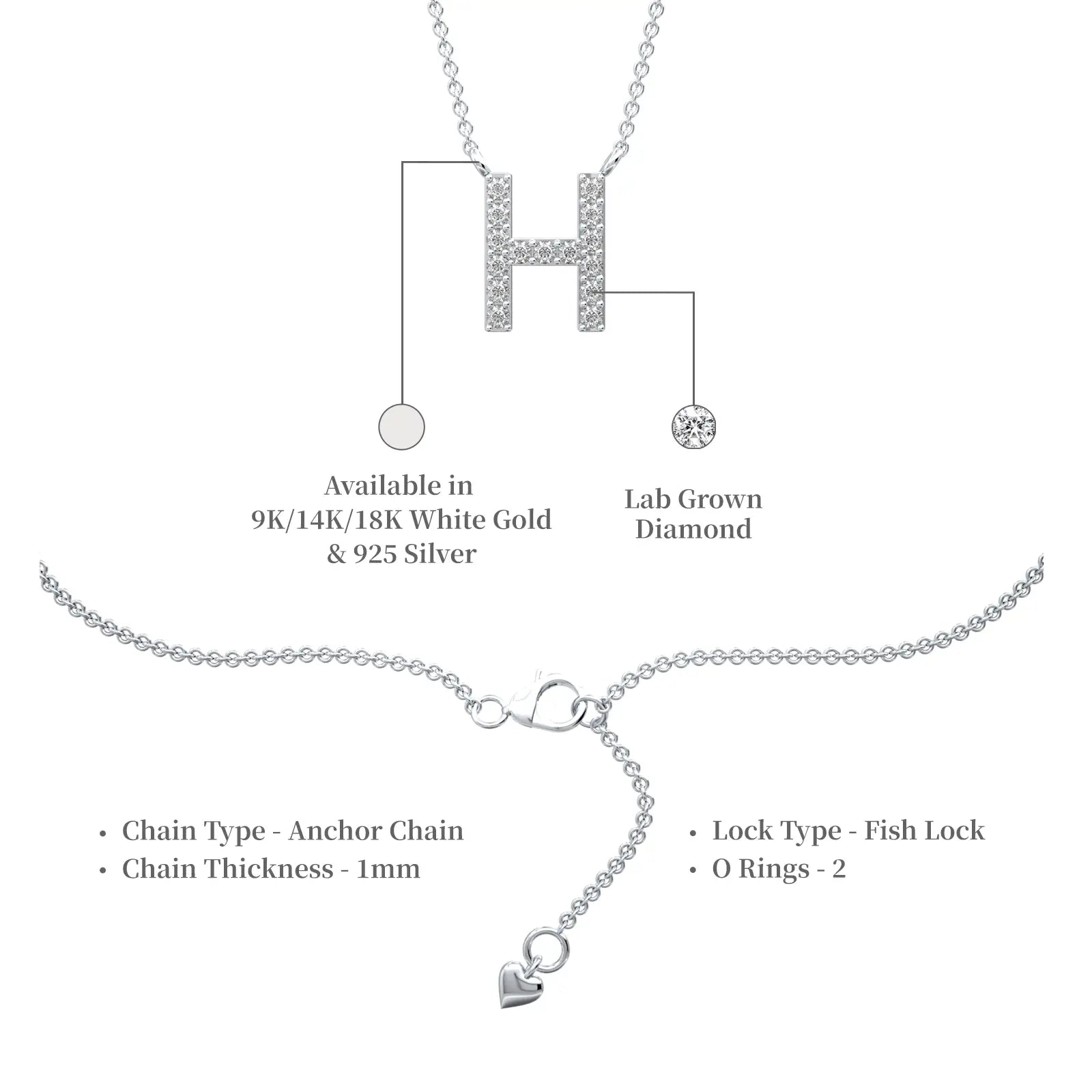 Descriptive image of dimensions details of smart delicate h initial diamond necklace
