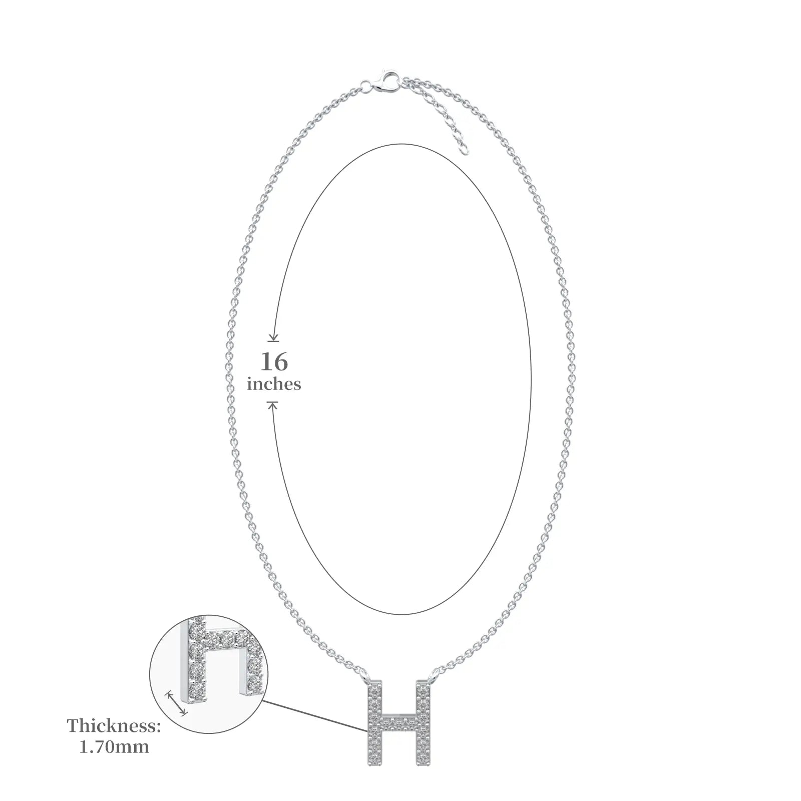Dimensions details of smart delicate h initial diamond necklace