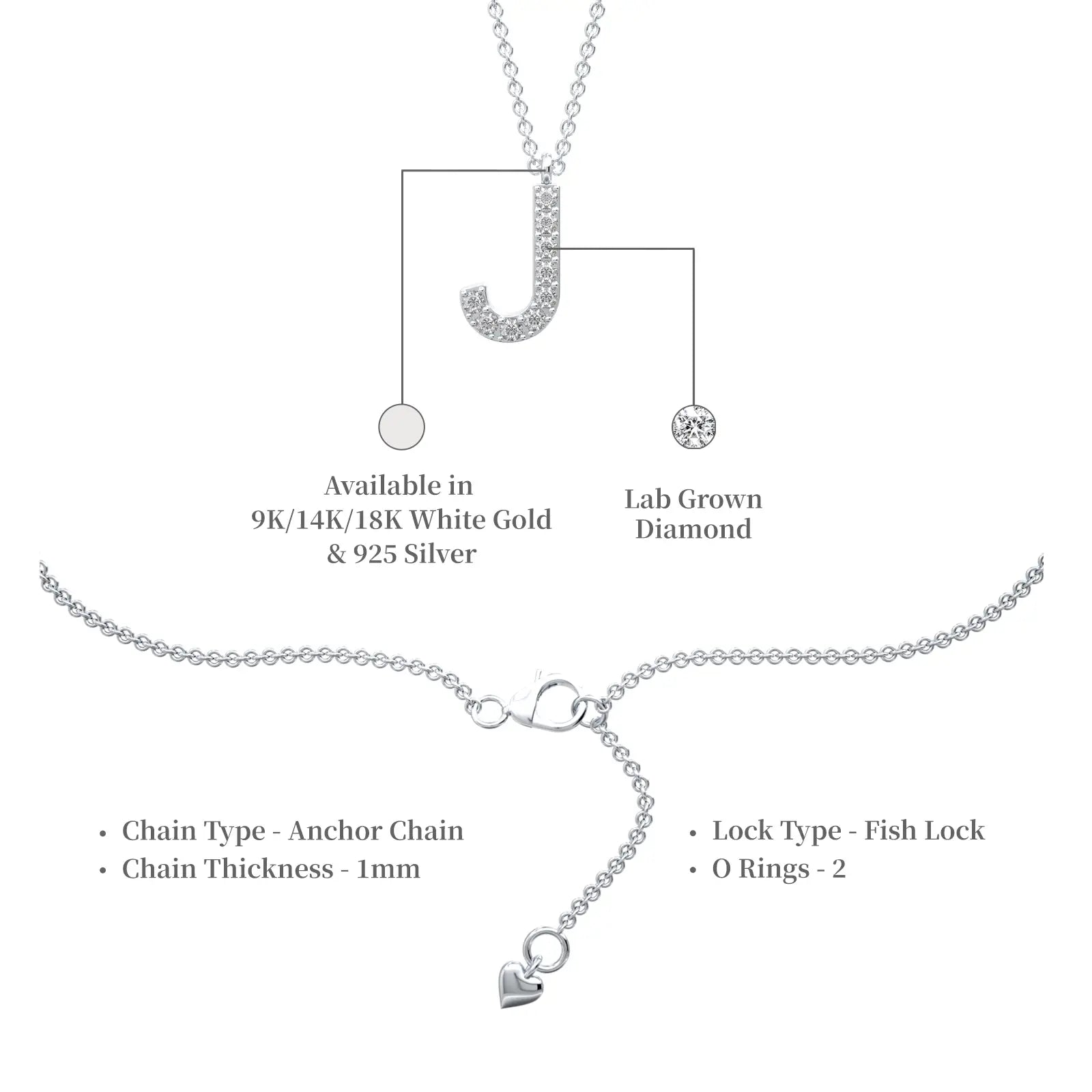 Descriptive image of J diamond initial pendant necklace