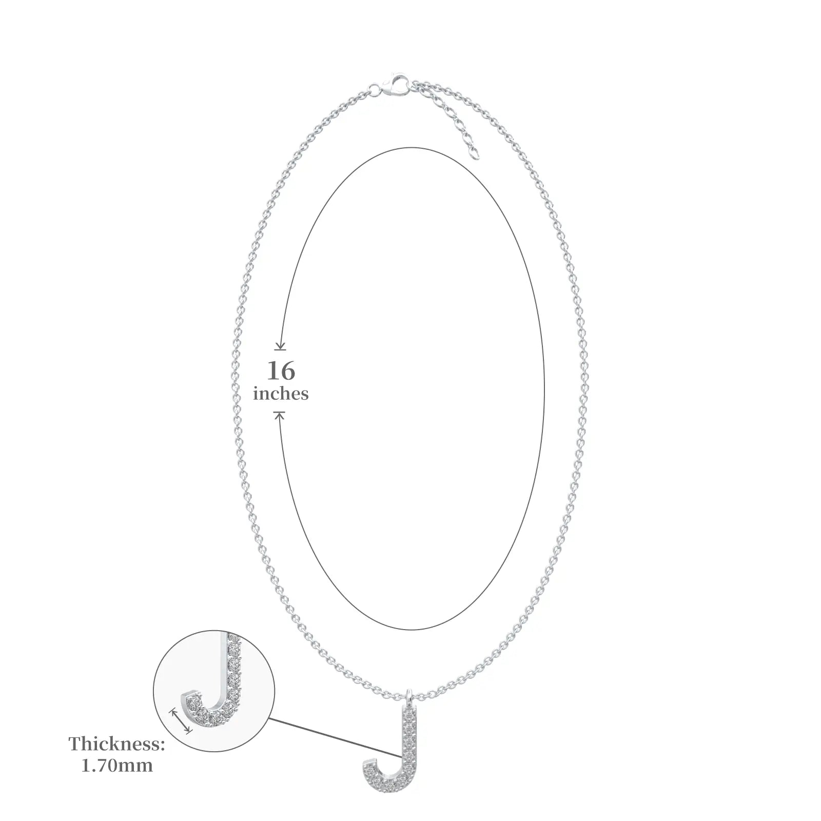 Dimension detail of J diamond initial pendant necklace