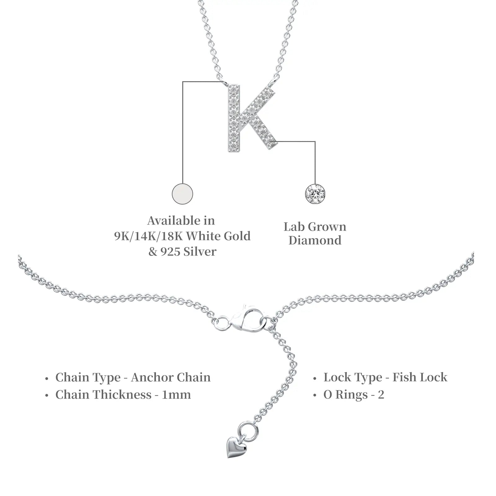 Descriptive image of unisex personalised letter k pendant necklace