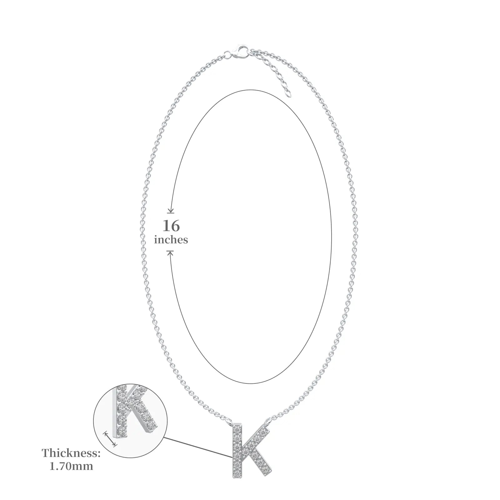 Dimension detail of Unisex personalised letter k pendant necklace