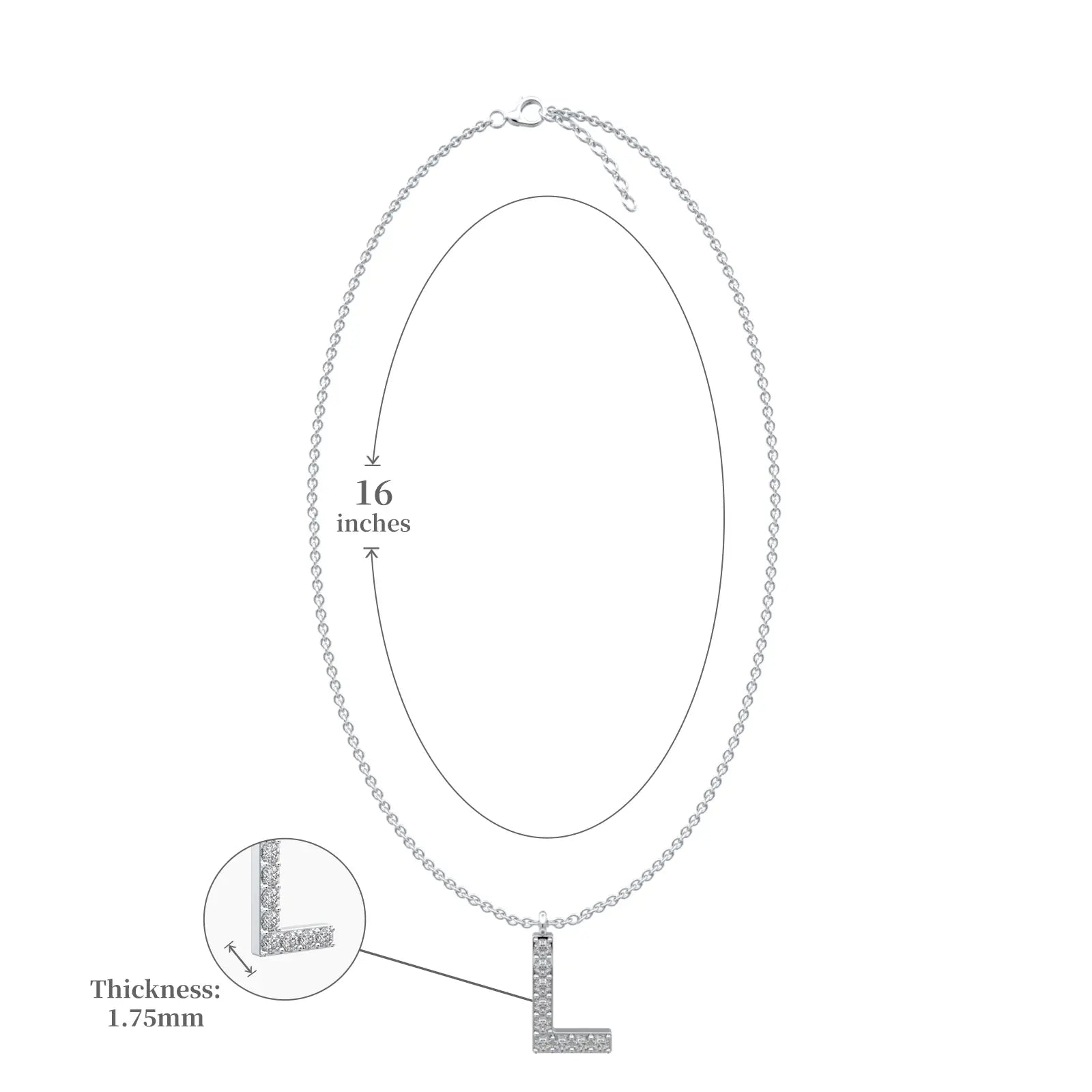 Dimension details of stylish custom diamond l initial necklace 