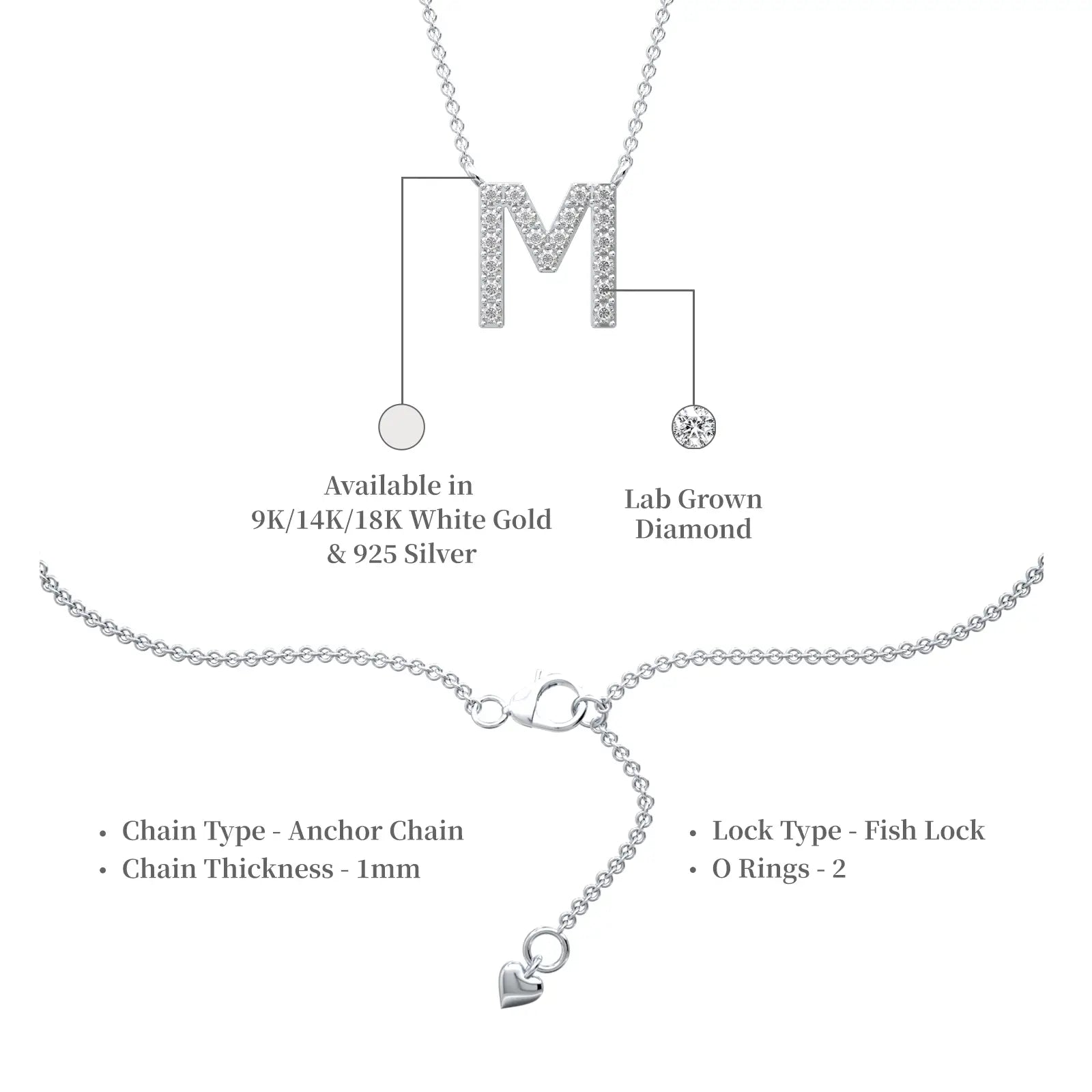 Descriptive image of stylish m diamond alphabet pendant necklace