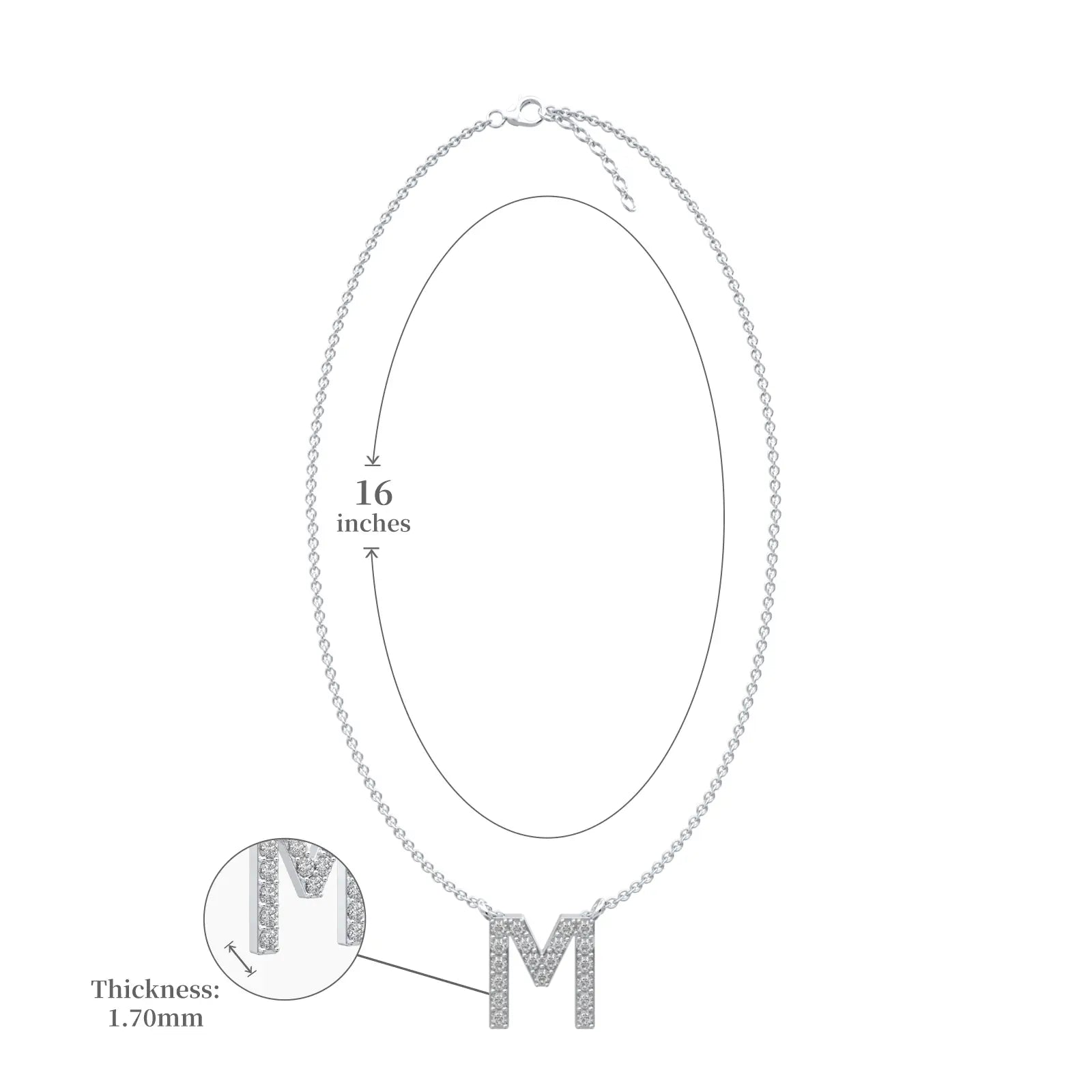 Dimension details of stylish m diamond alphabet pendant necklace
