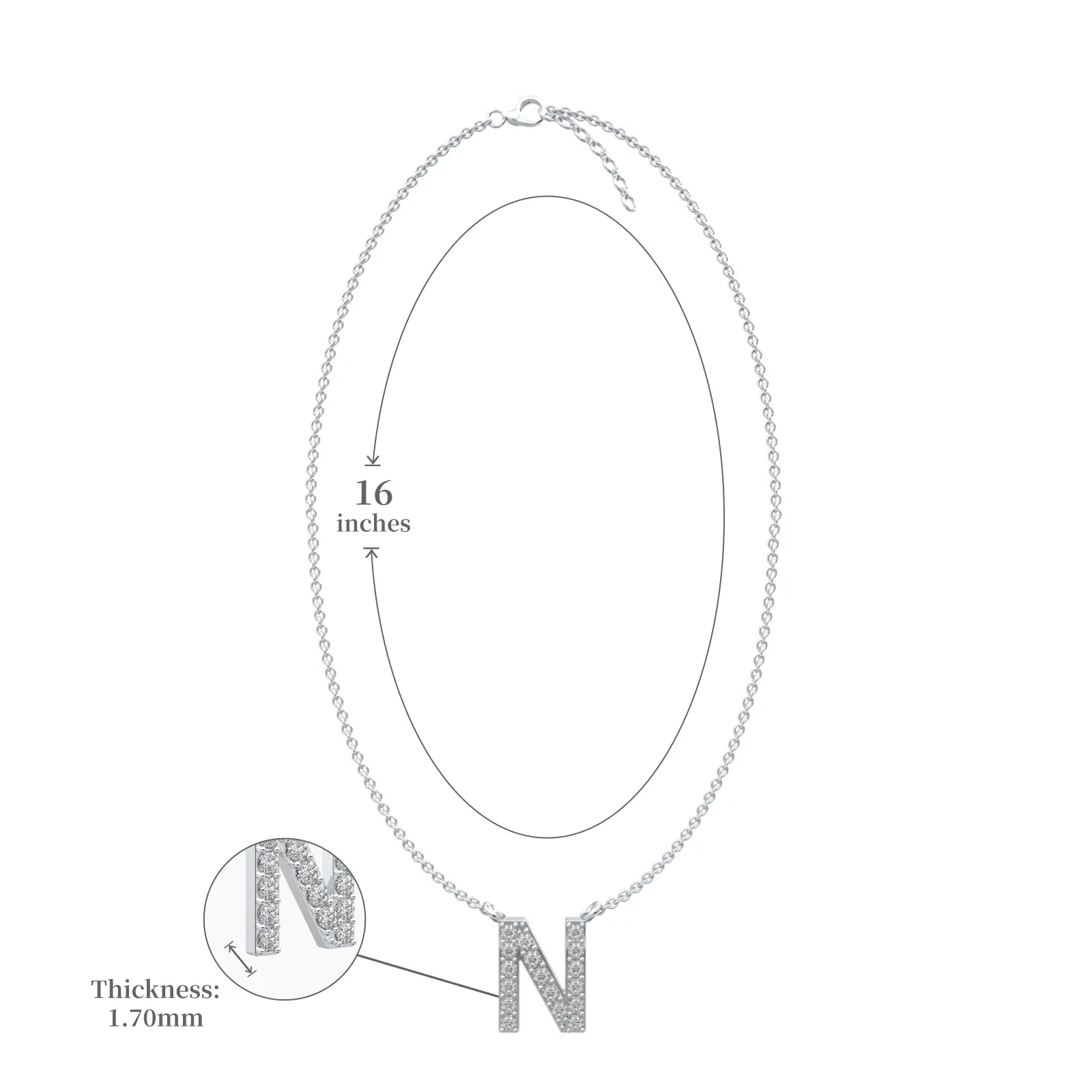 Dimension details of trending petite n initial diamond necklace