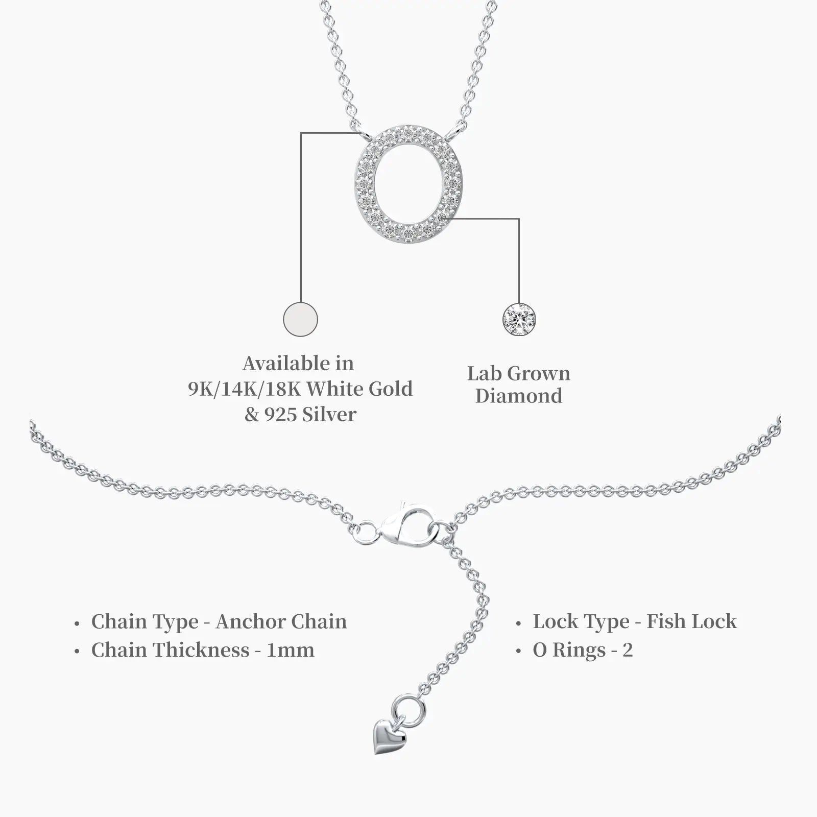 Descriptive image of dimension details of trending o alphabet diamond necklace