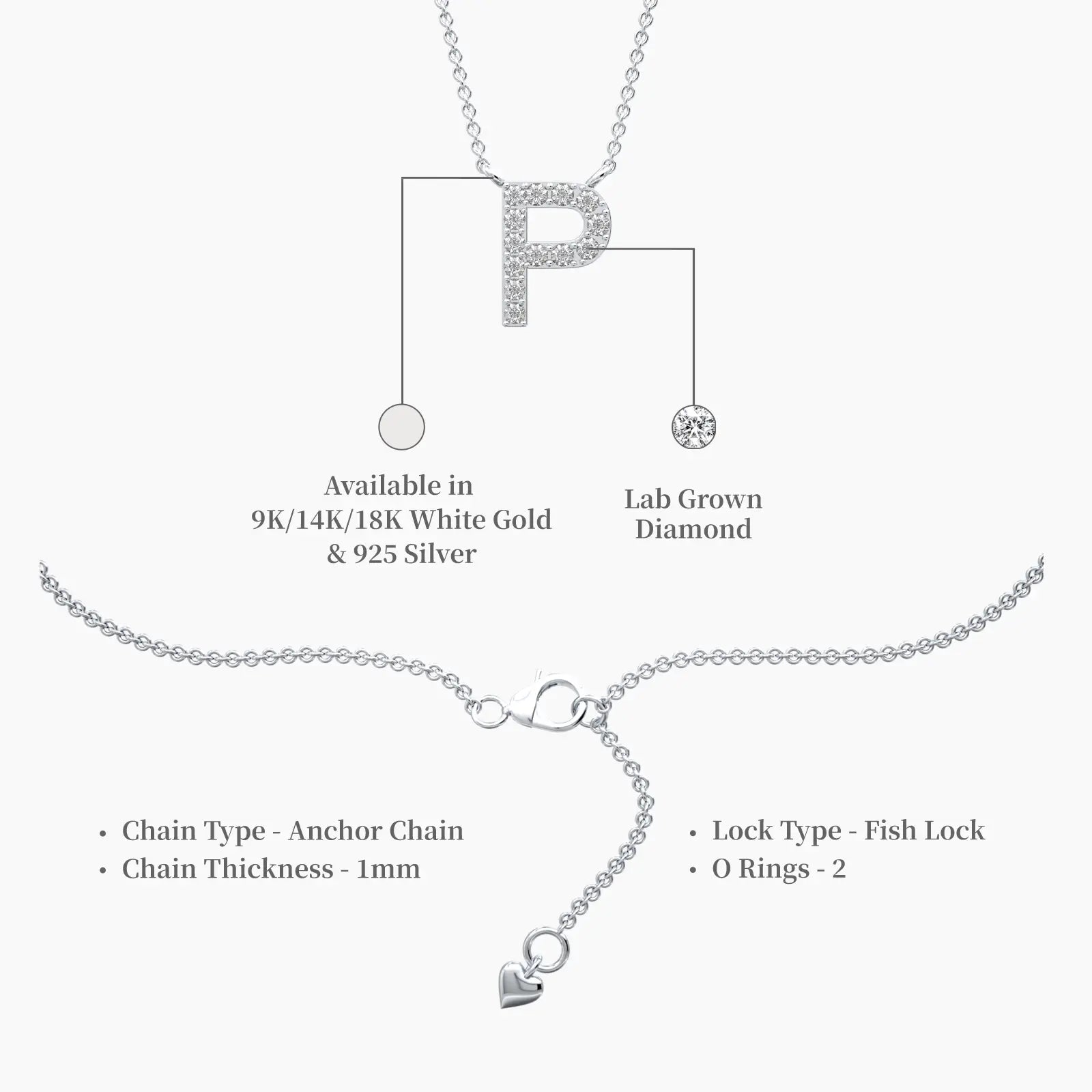 Descriptive image of white gold dainty p initial diamond necklace