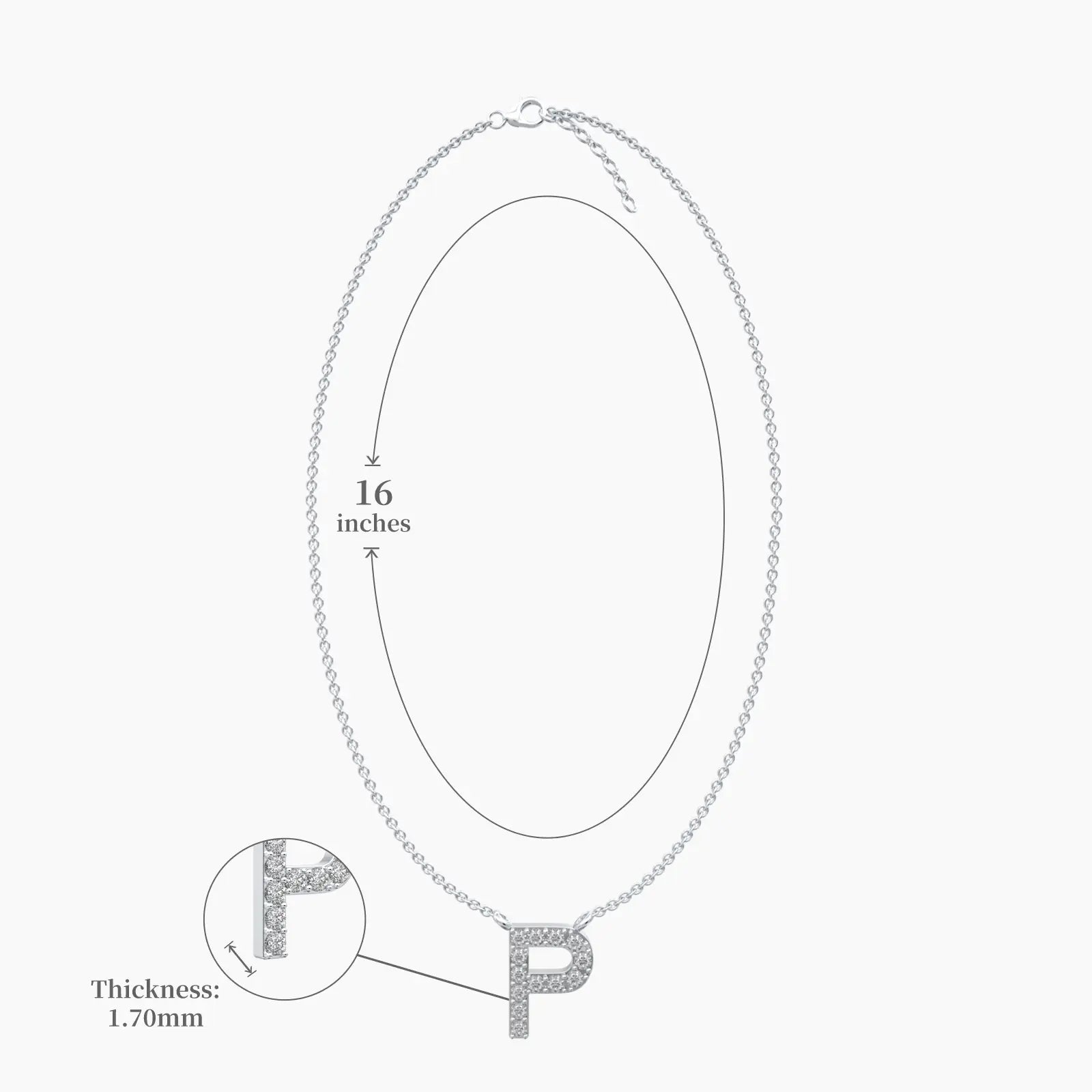 Dimension details of white gold dainty p initial diamond necklace