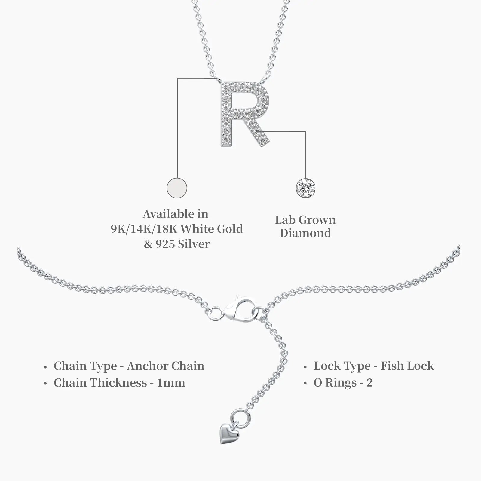 Descriptive image of stylish radiant r alphabet diamond necklace