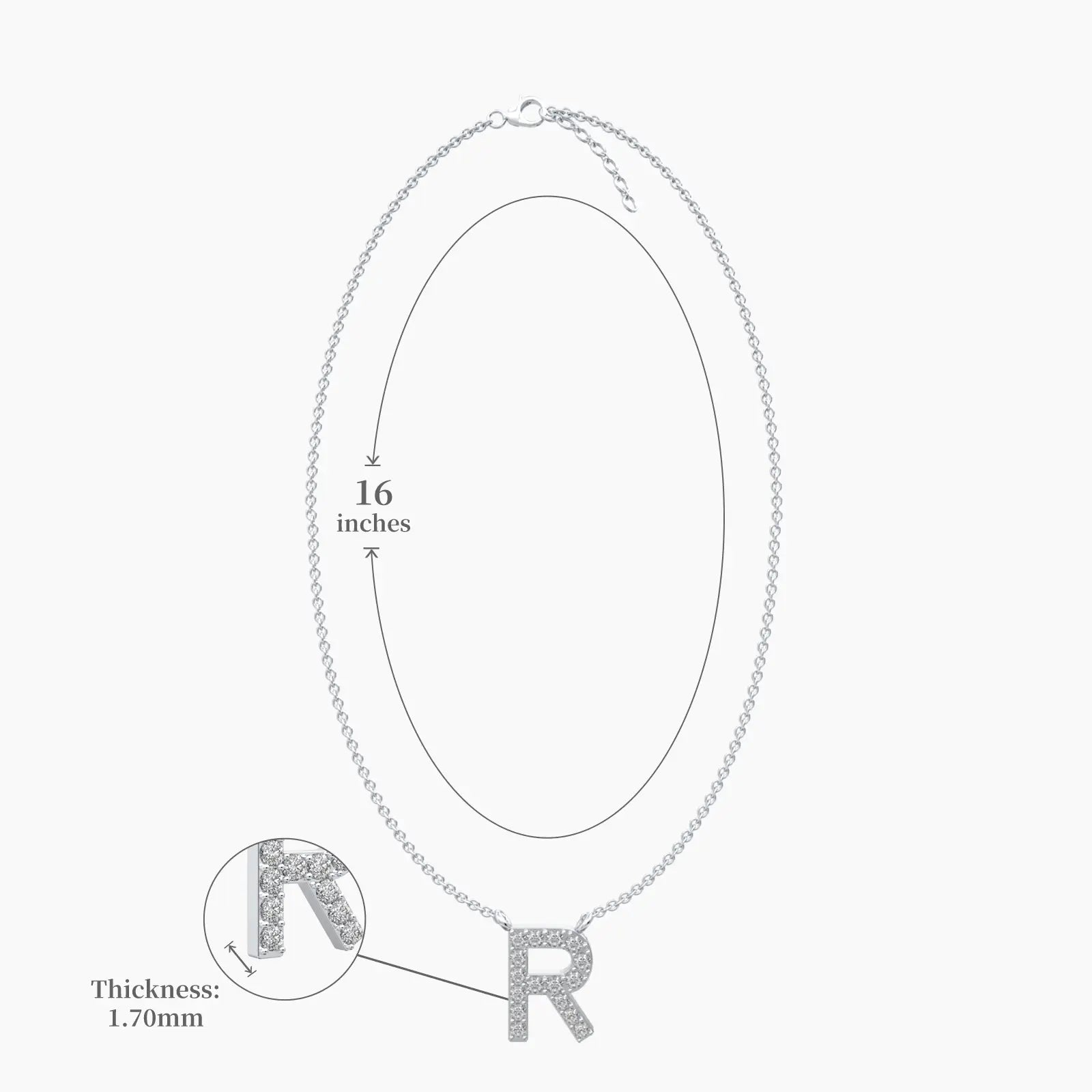 Dimension details of stylish radiant r alphabet diamond necklace