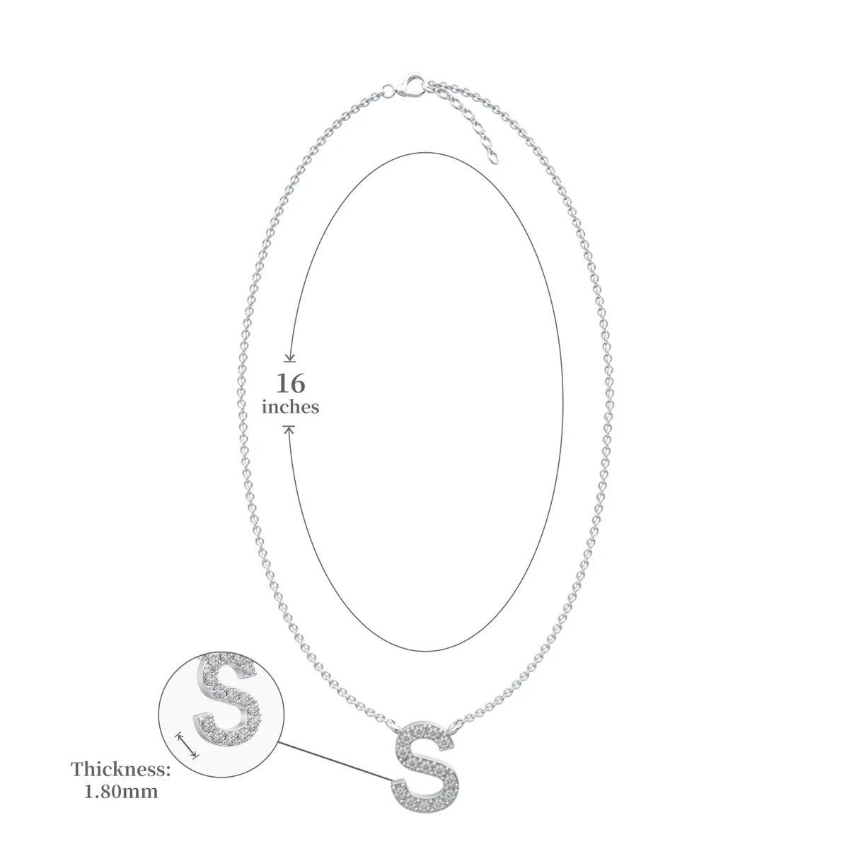 Dimension details of initial s diamond necklace valentine gift 