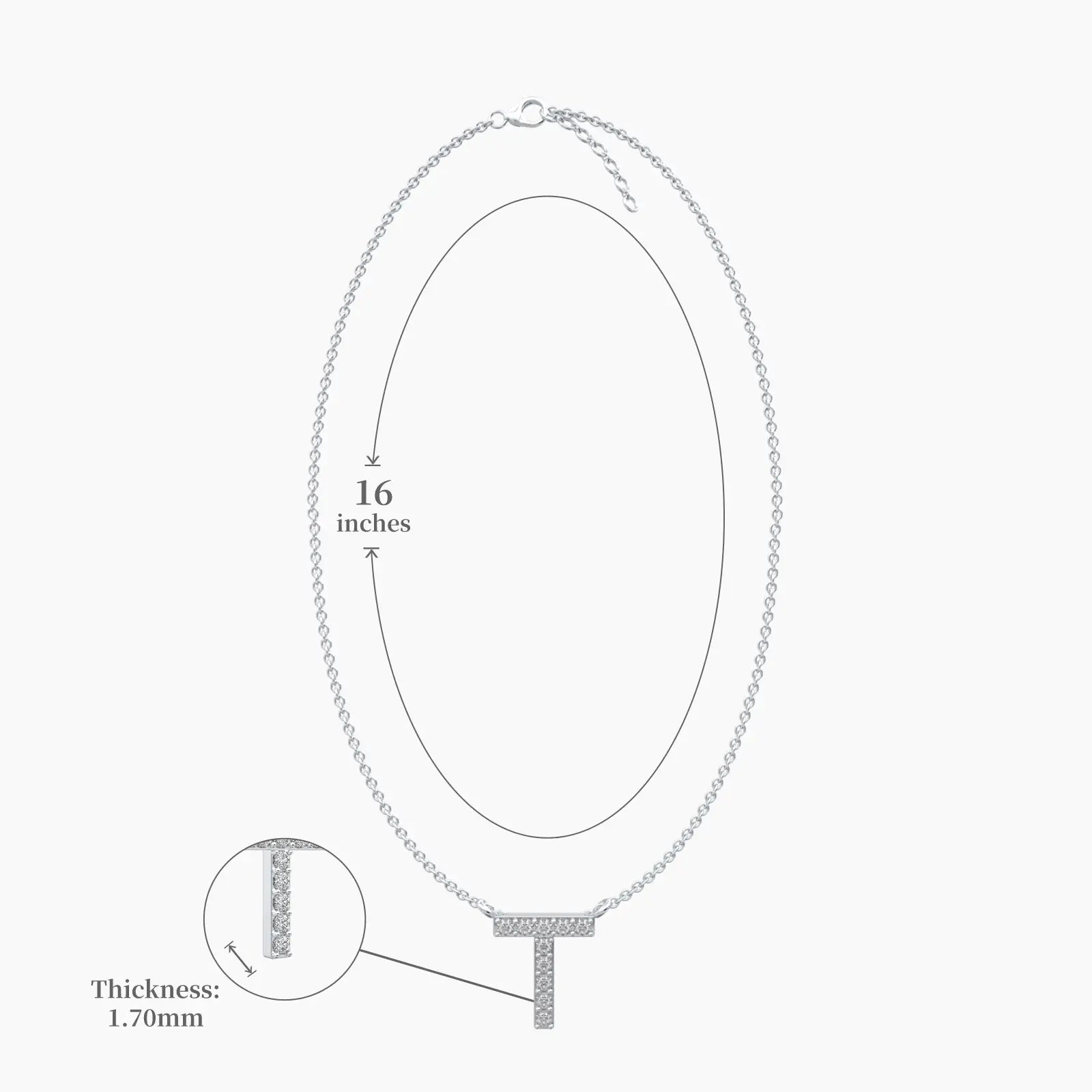 Dimension details of stylish timeless t Initial diamond necklace for office wear
