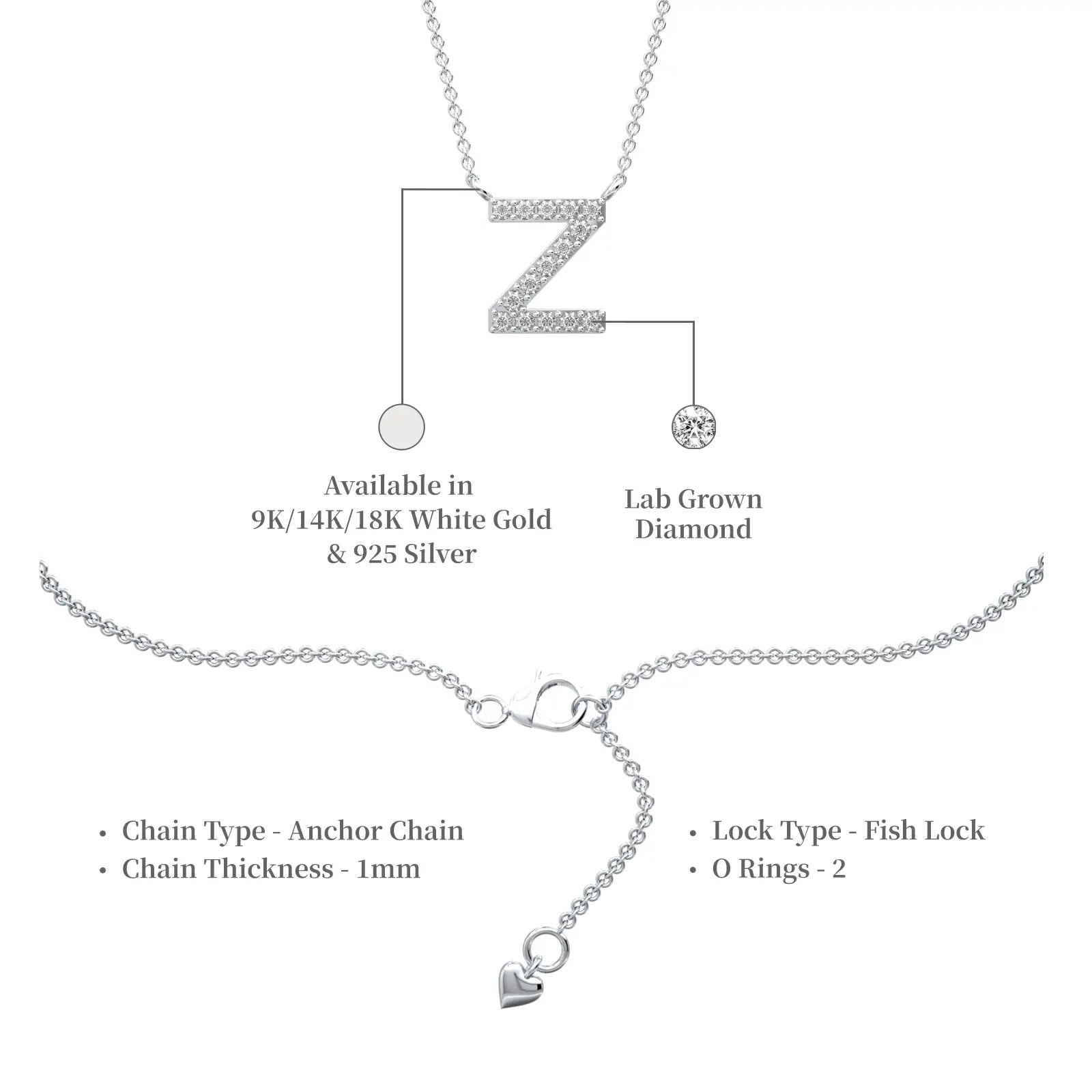 Descriptive image of unisex diamond z alphabet necklace 