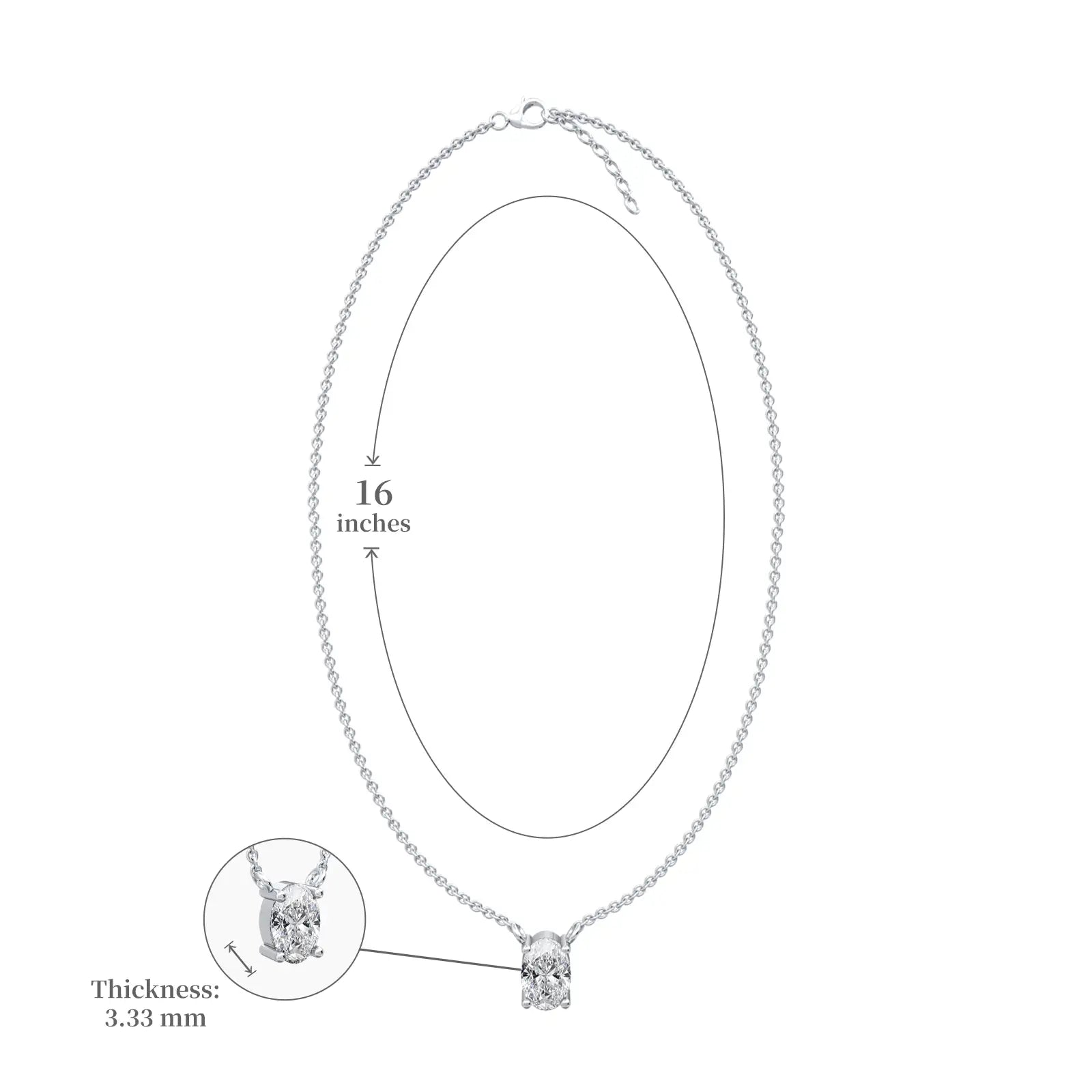Dimension details of white gold the classic oval solitaire necklace for women