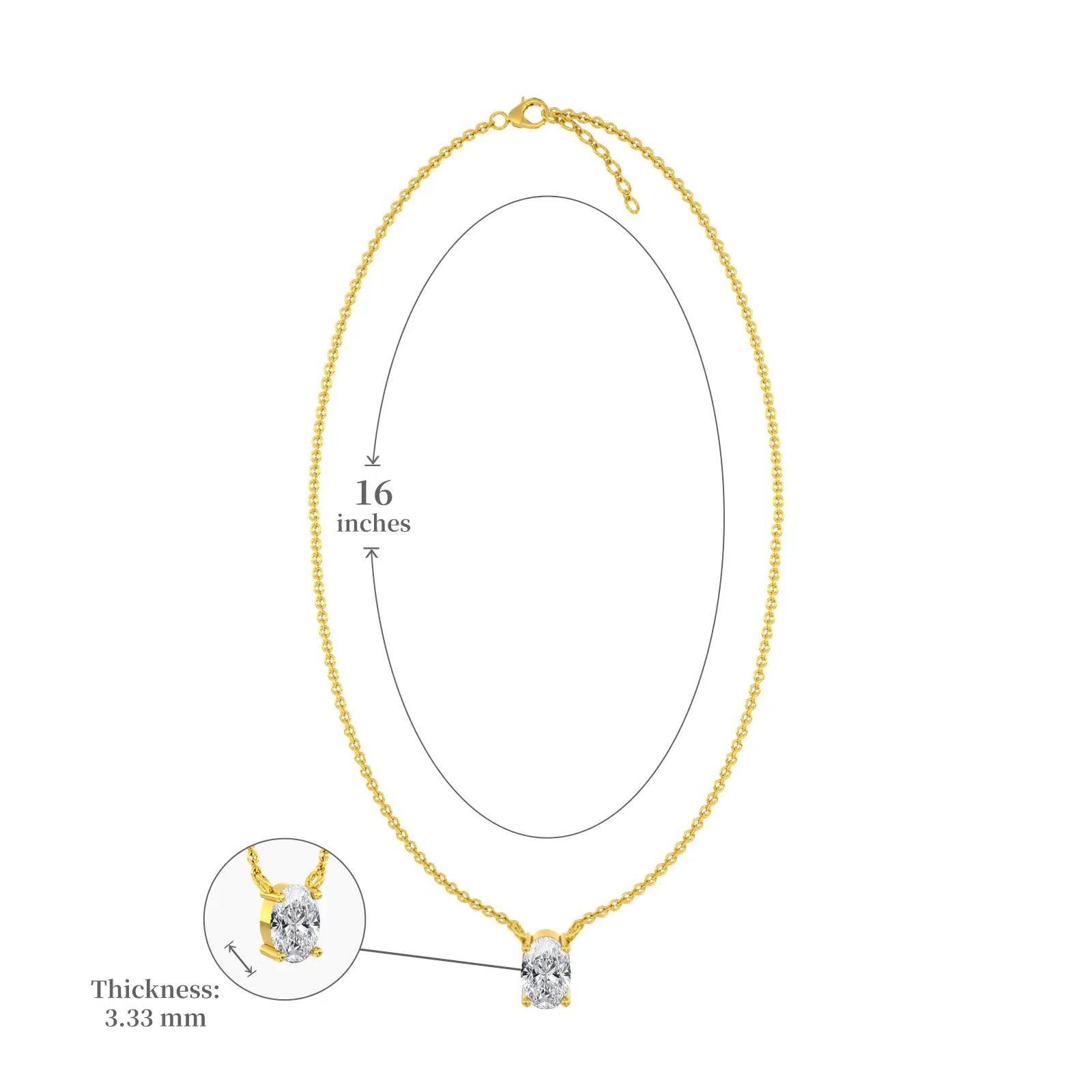 Dimension details of the classic oval solitaire necklace yellow gold