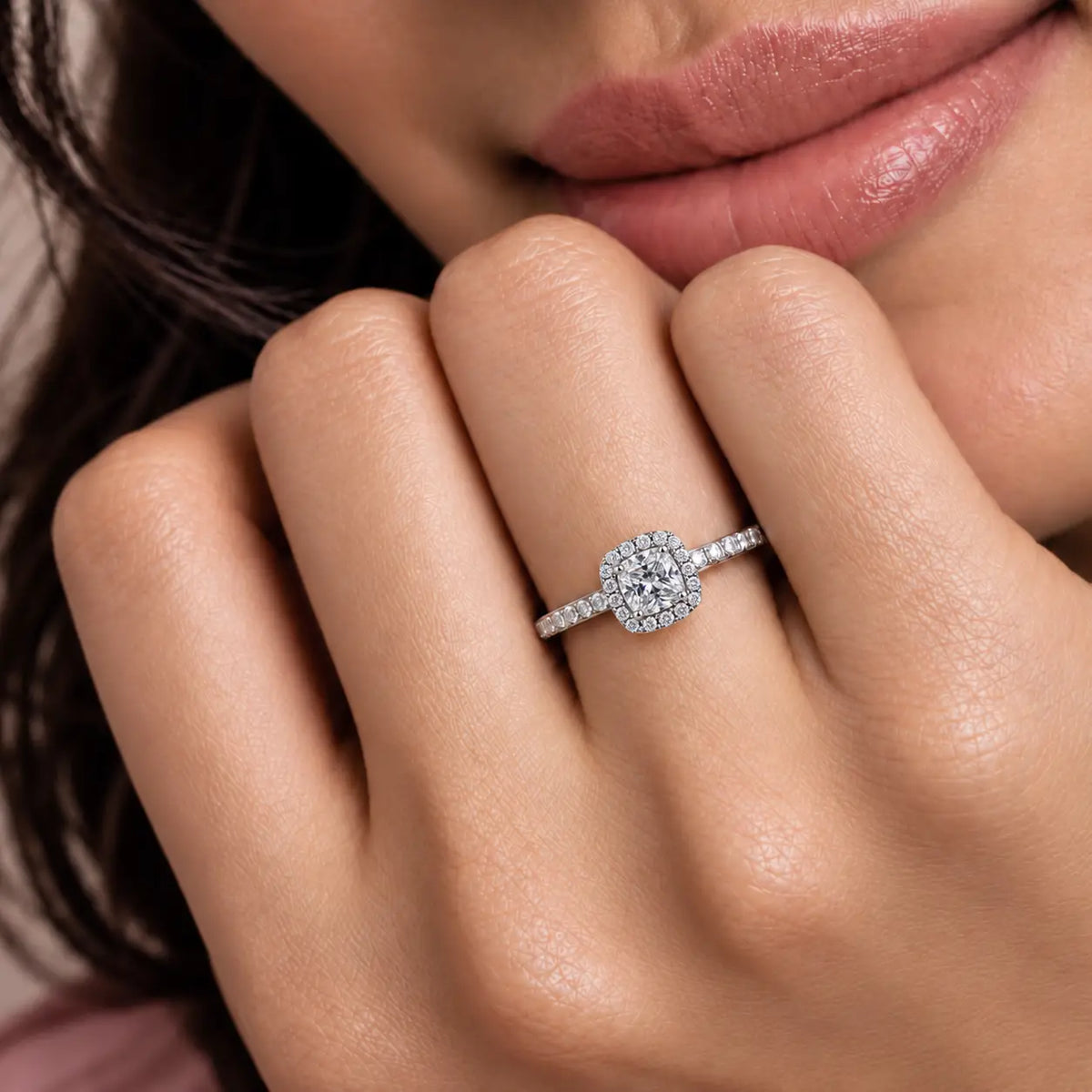 Woman wearing 1 Ct Cushion Cut Lab Grown Diamond Halo Pave Ring by Fortune Jewellery