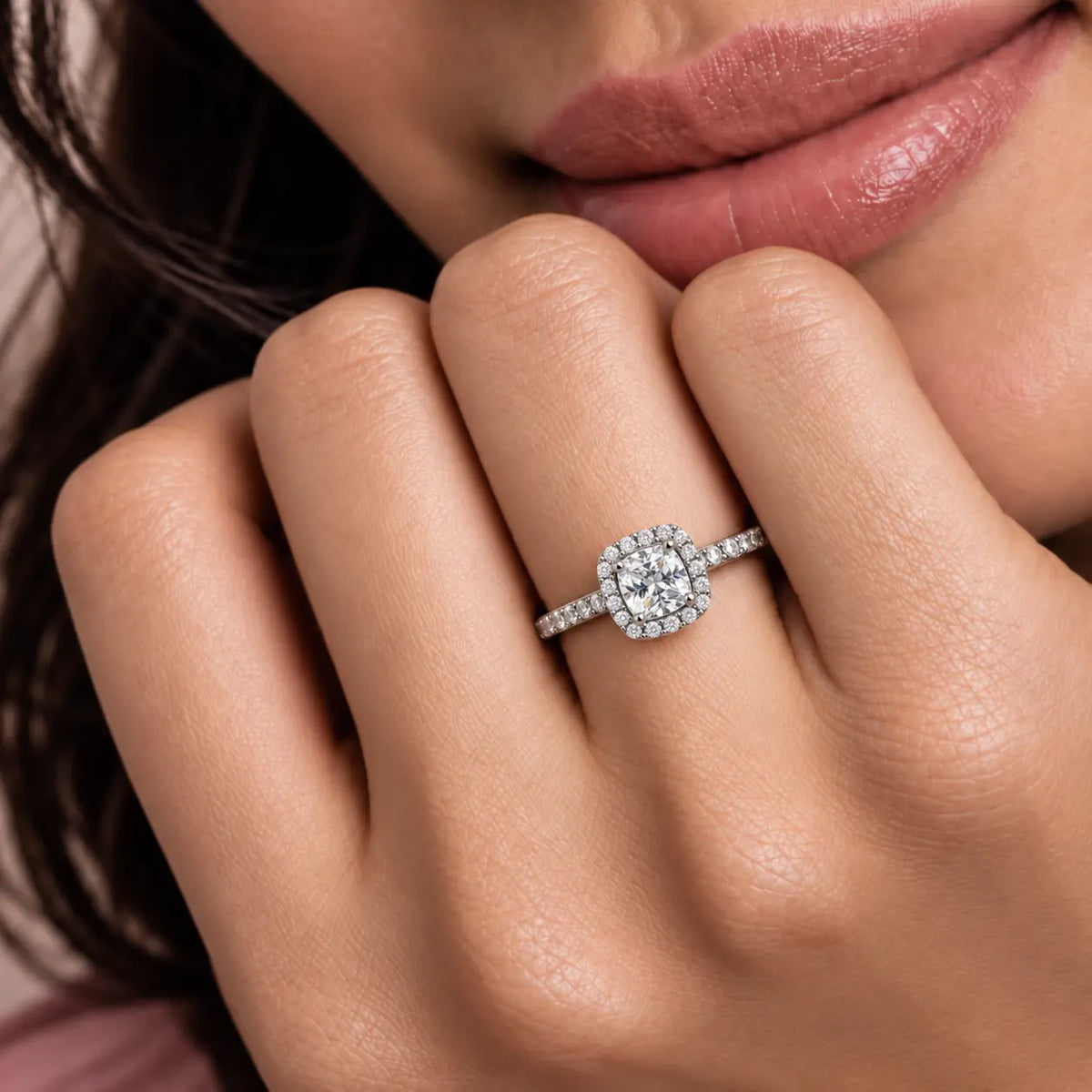 Woman wearing 3 Ct Cushion Cut Lab Grown Diamond Halo Pave Ring by Fortune Jewellery